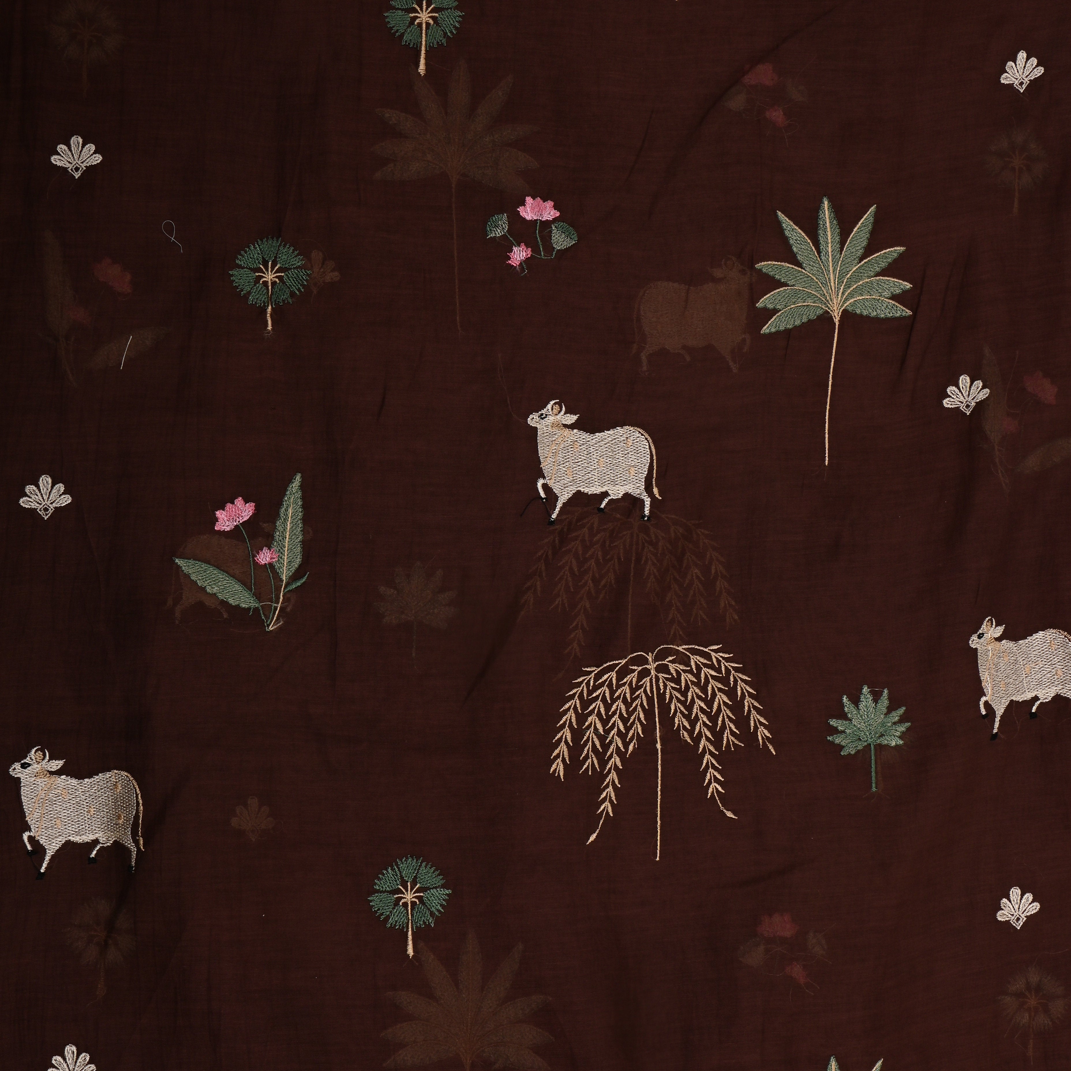 Dark Brown Embroidered Chanderi Fabric