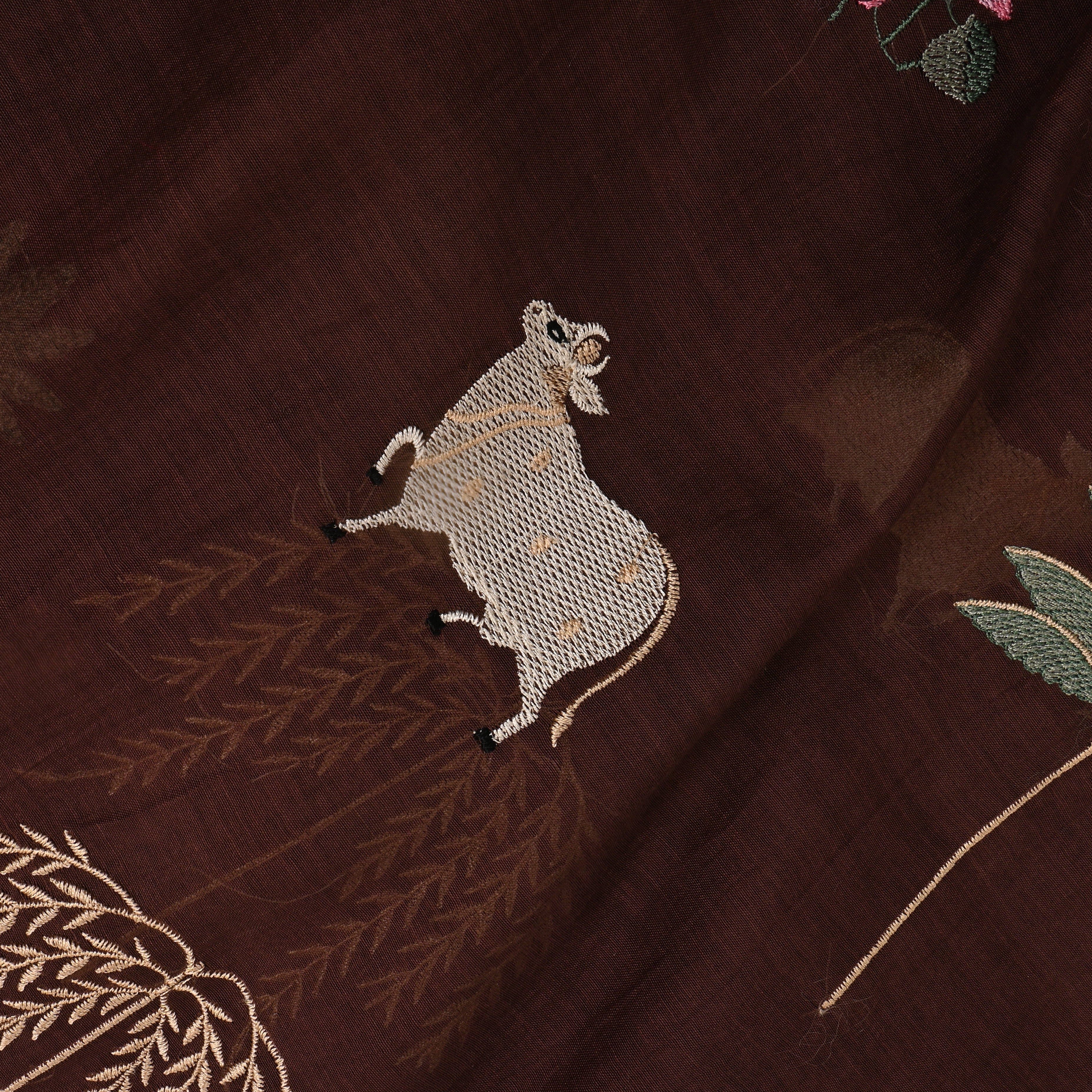 Dark Brown Embroidered Chanderi Fabric