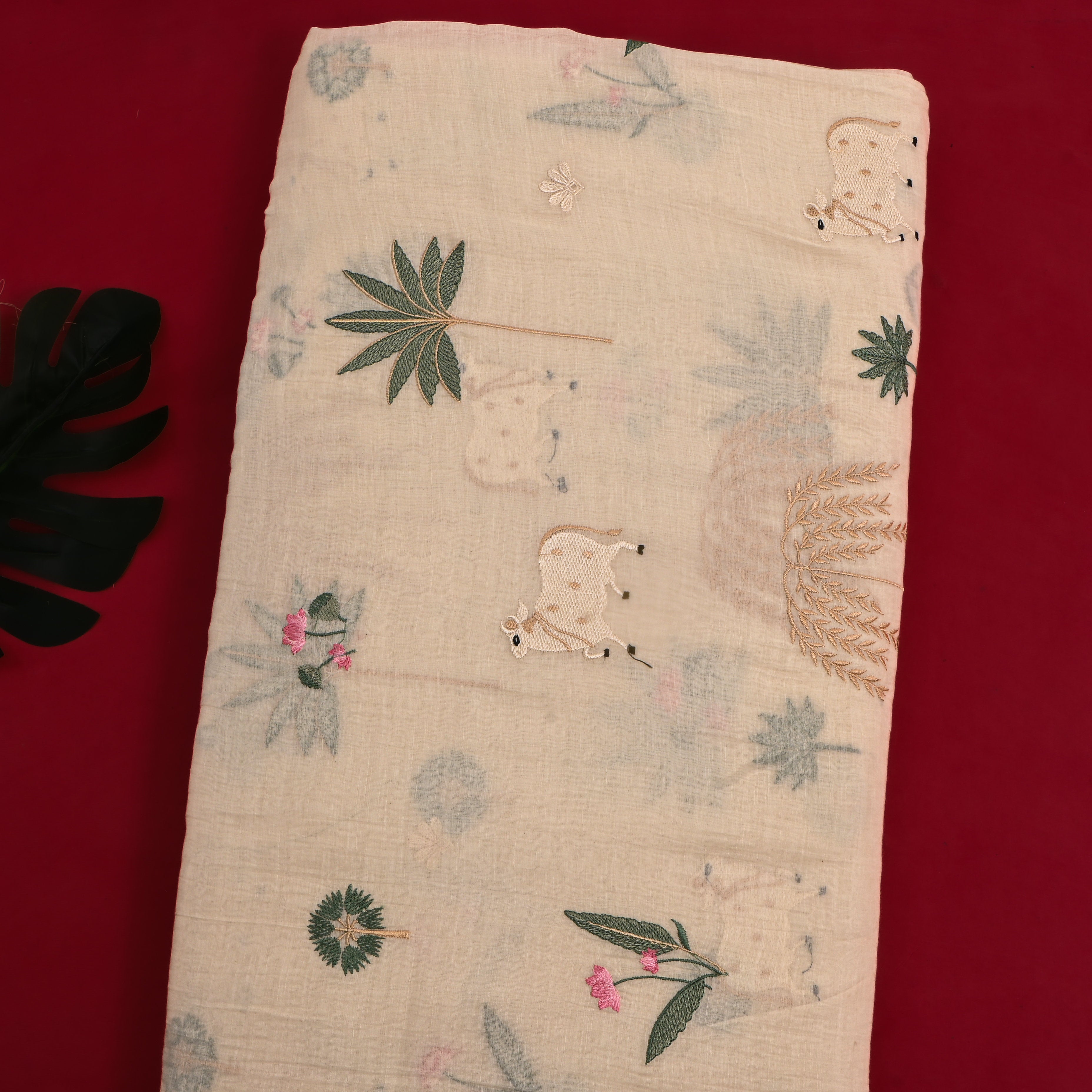 Pastel Beige Embroidered Chanderi Fabric