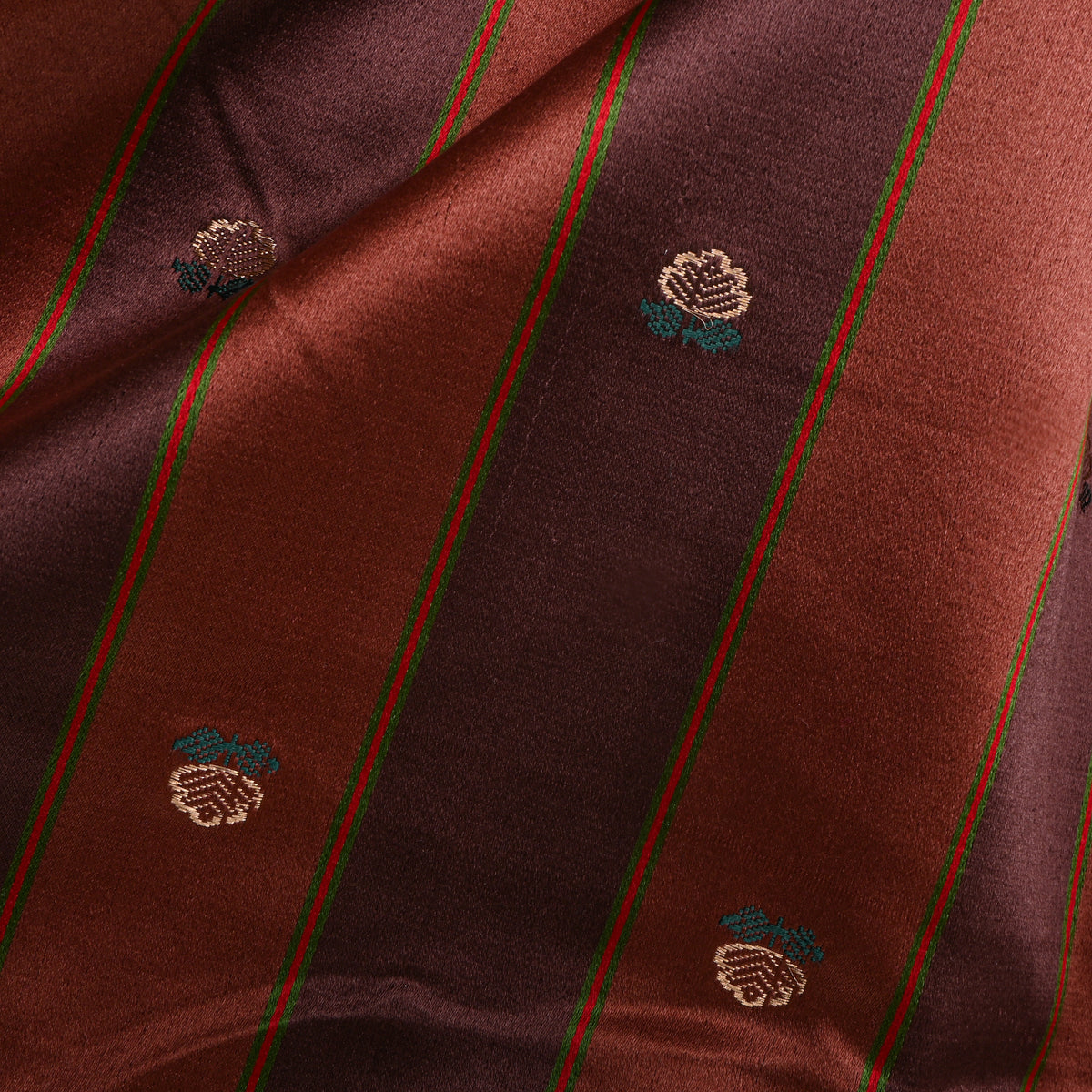 Cocoa Brown Gold Stripe Butti Self Weave Jamawar Silk Fabric