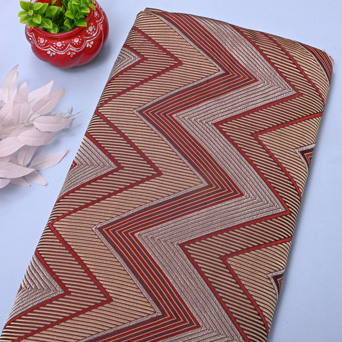 Cocoa Brown Dual Tone Zigzag Jamawar Silk Fabric