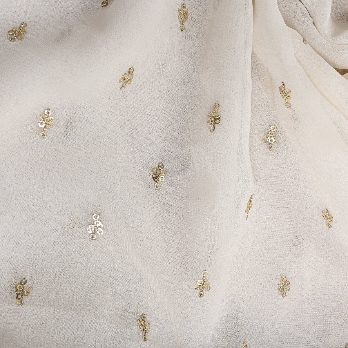 Chalk White Gold Sequin Butti Georgette Fabric