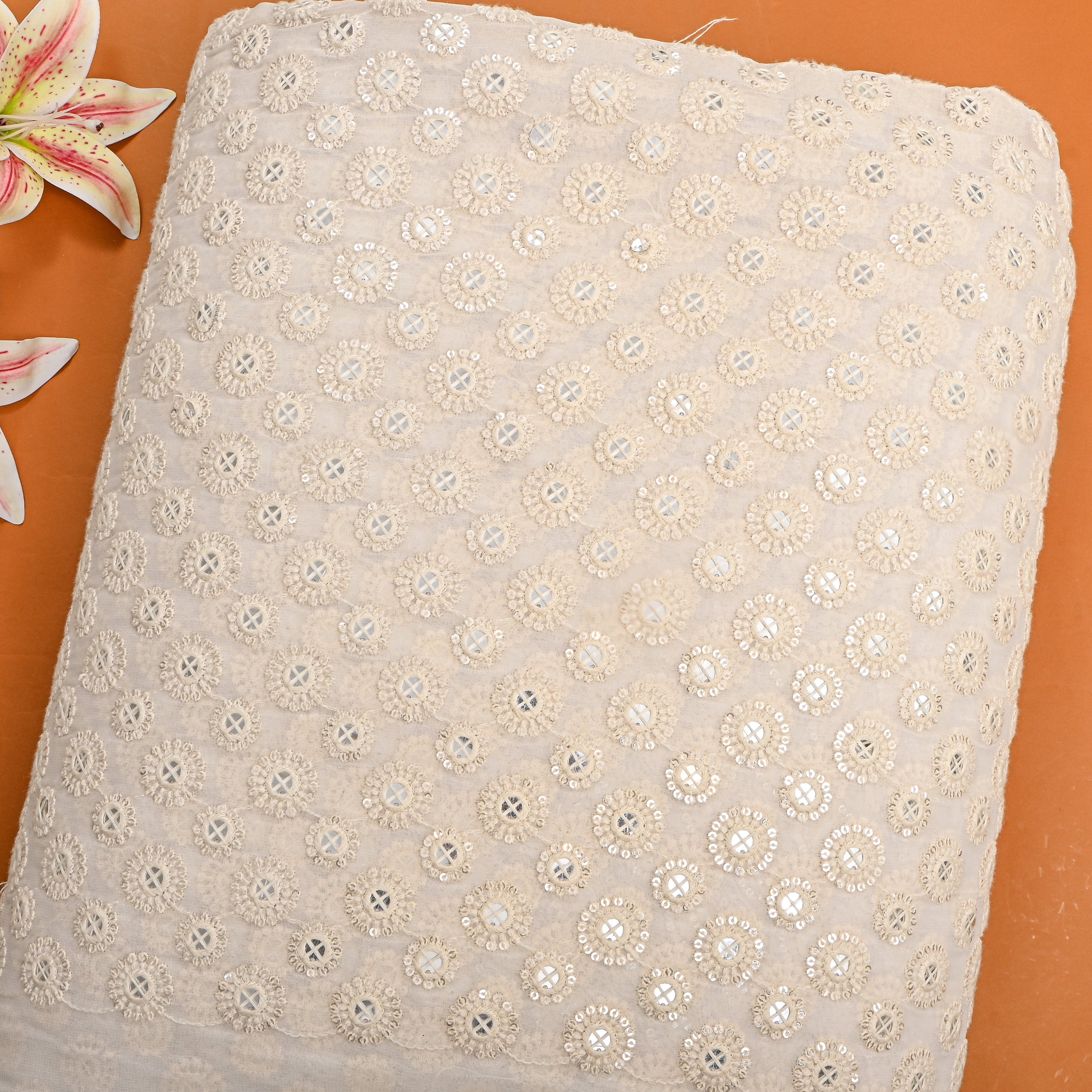 White Mirror Work Embroidery Georgette Fabric