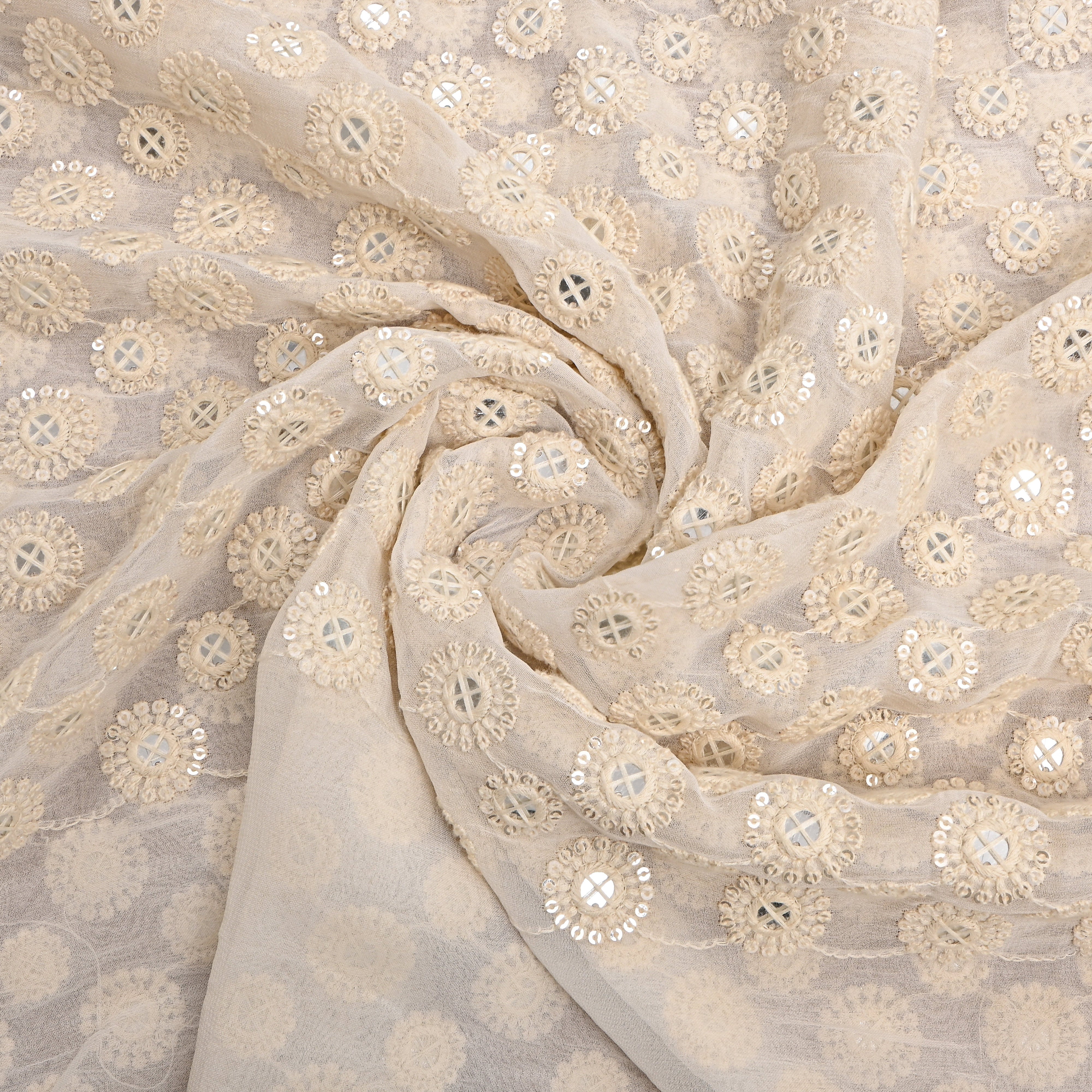 White Mirror Work Embroidery Georgette Fabric
