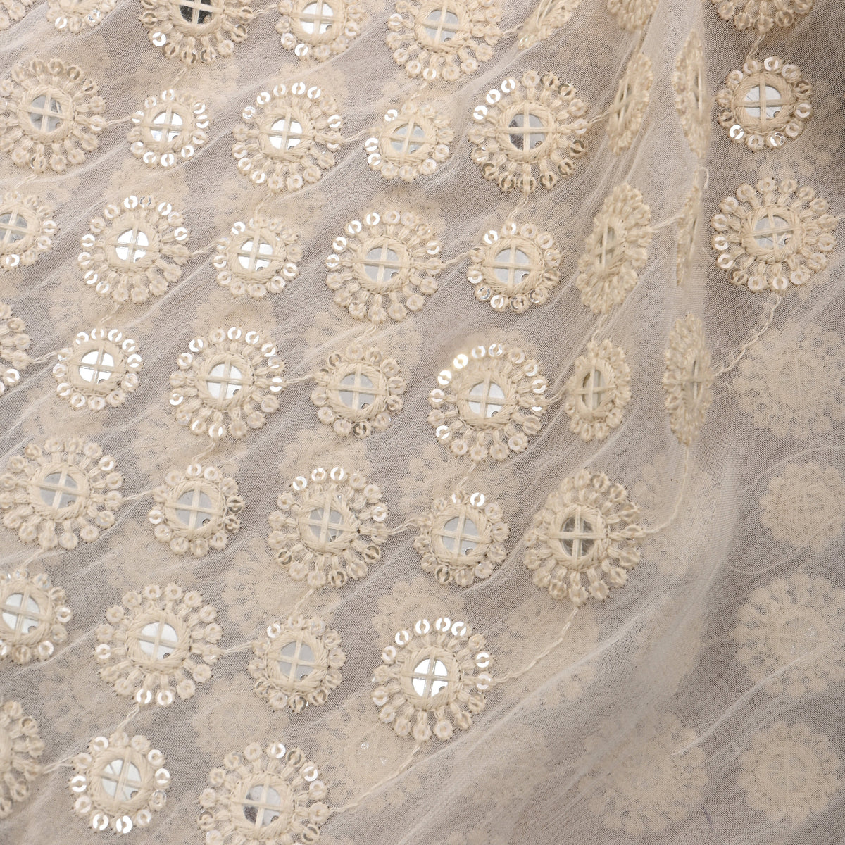 White Mirror Work Embroidery Georgette Fabric