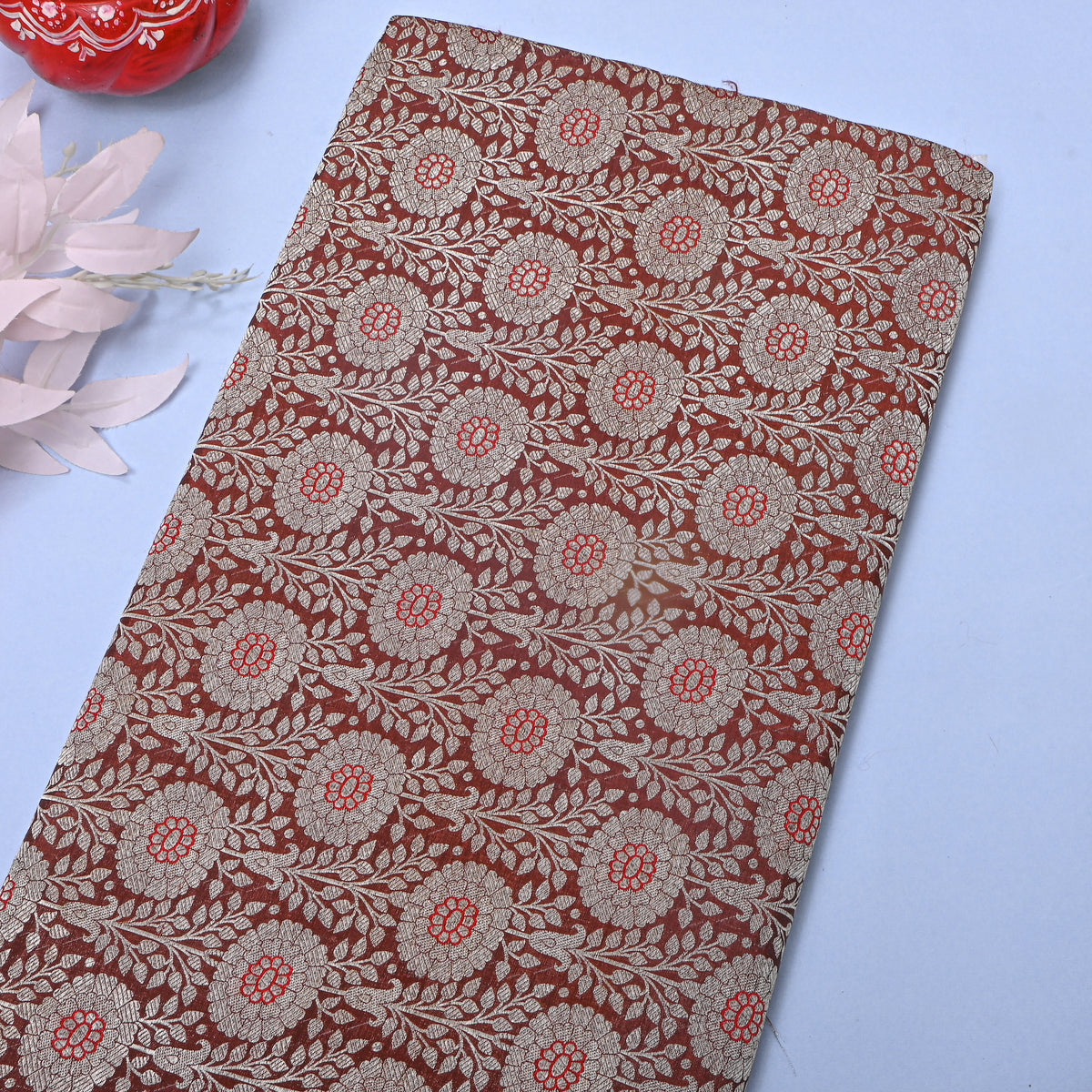 Rust Brown With Floral Silver Zari Jamawar Silk Fabric