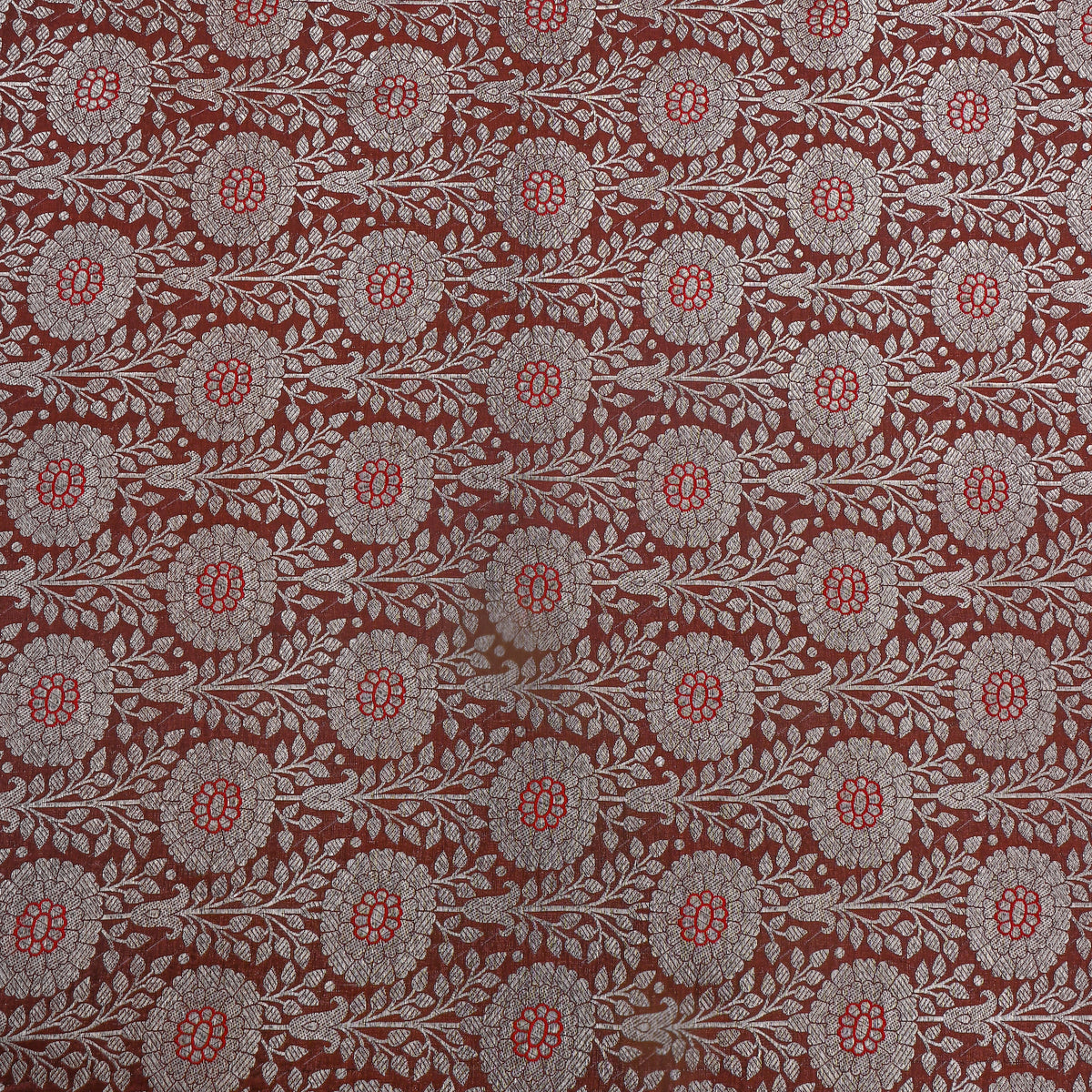 Rust Brown With Floral Silver Zari Jamawar Silk Fabric