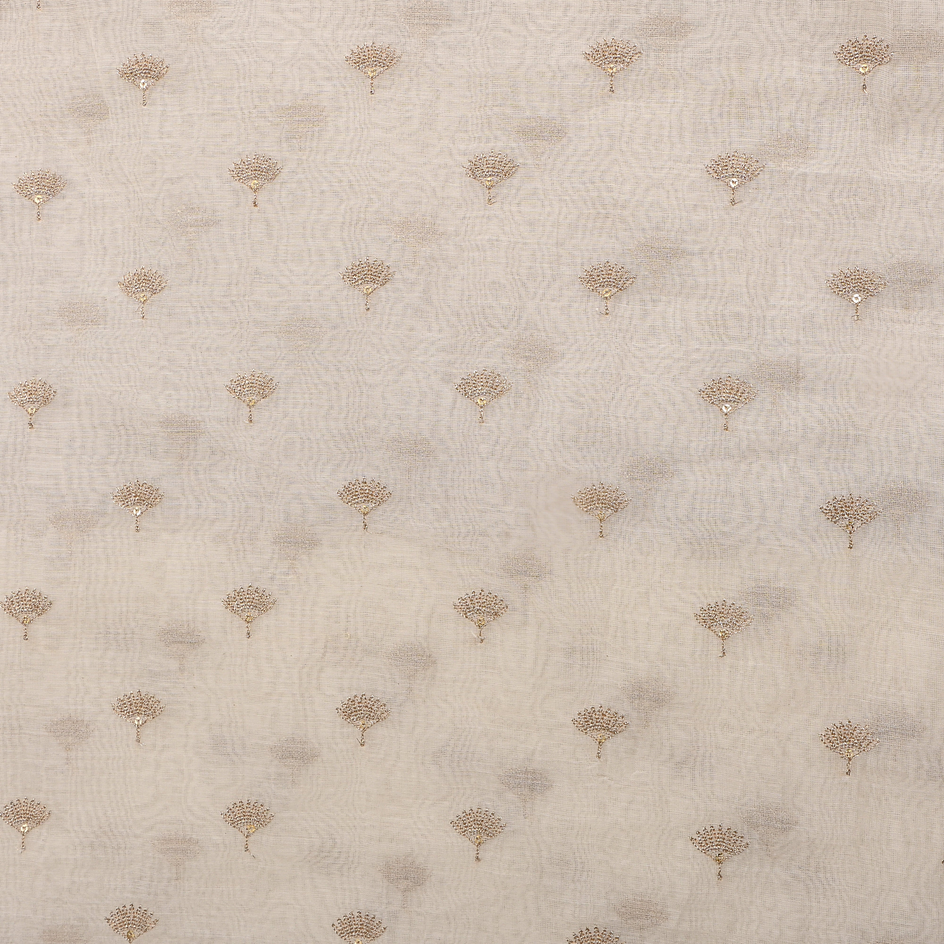 White Chanderi With Gold Butti And Thin Gold Border