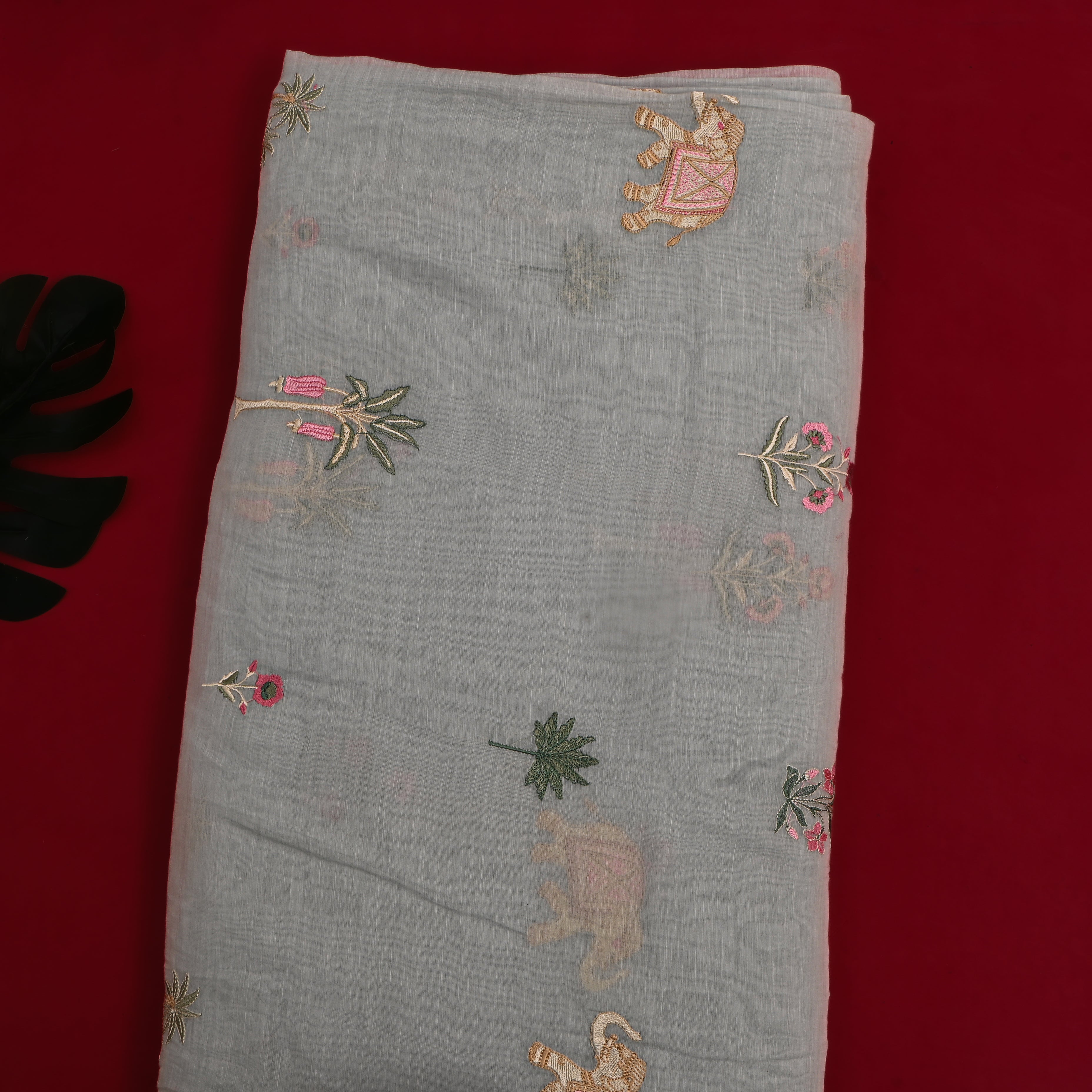 Ash Grey Embroidered Chanderi Fabric
