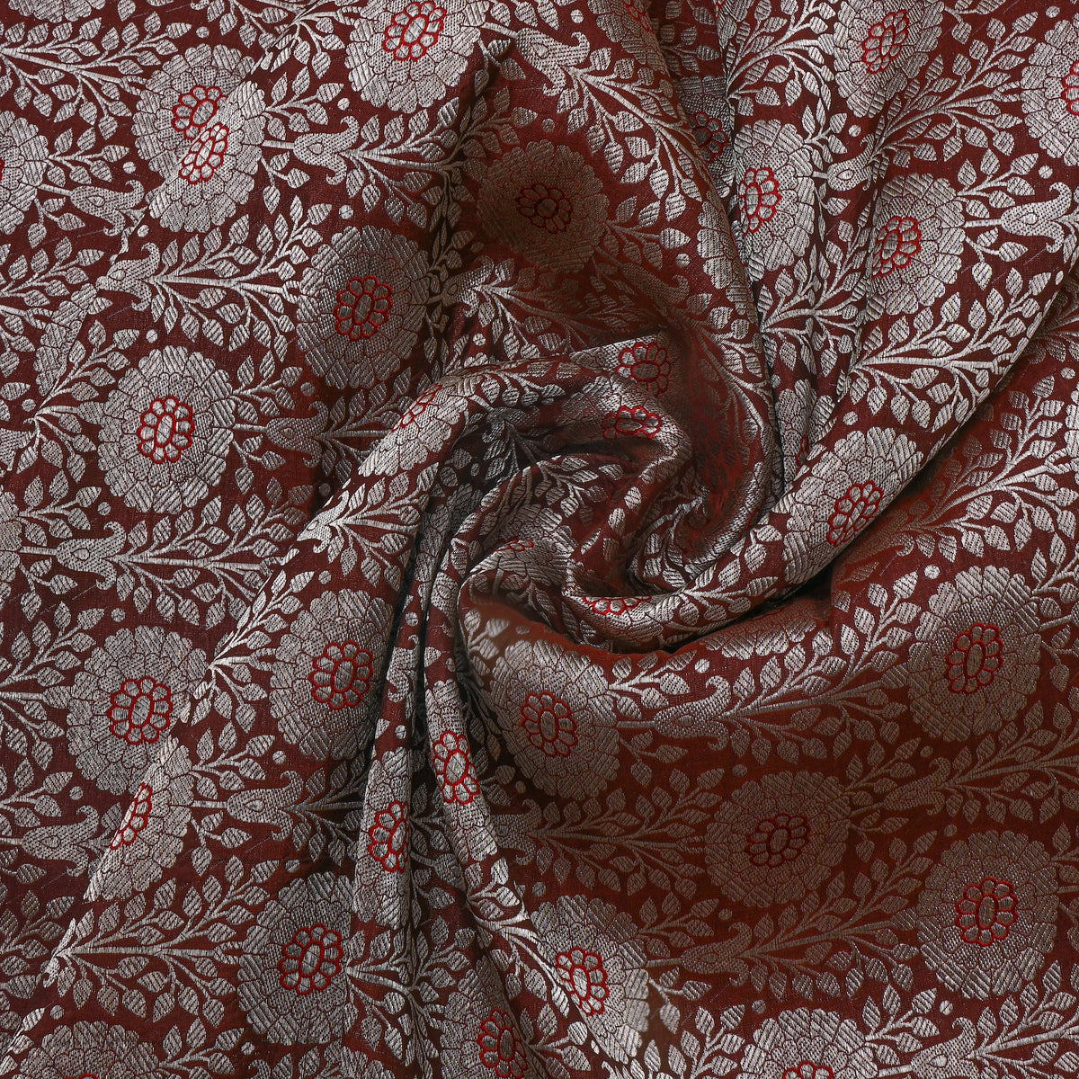 Rust Brown With Floral Silver Zari Jamawar Silk Fabric