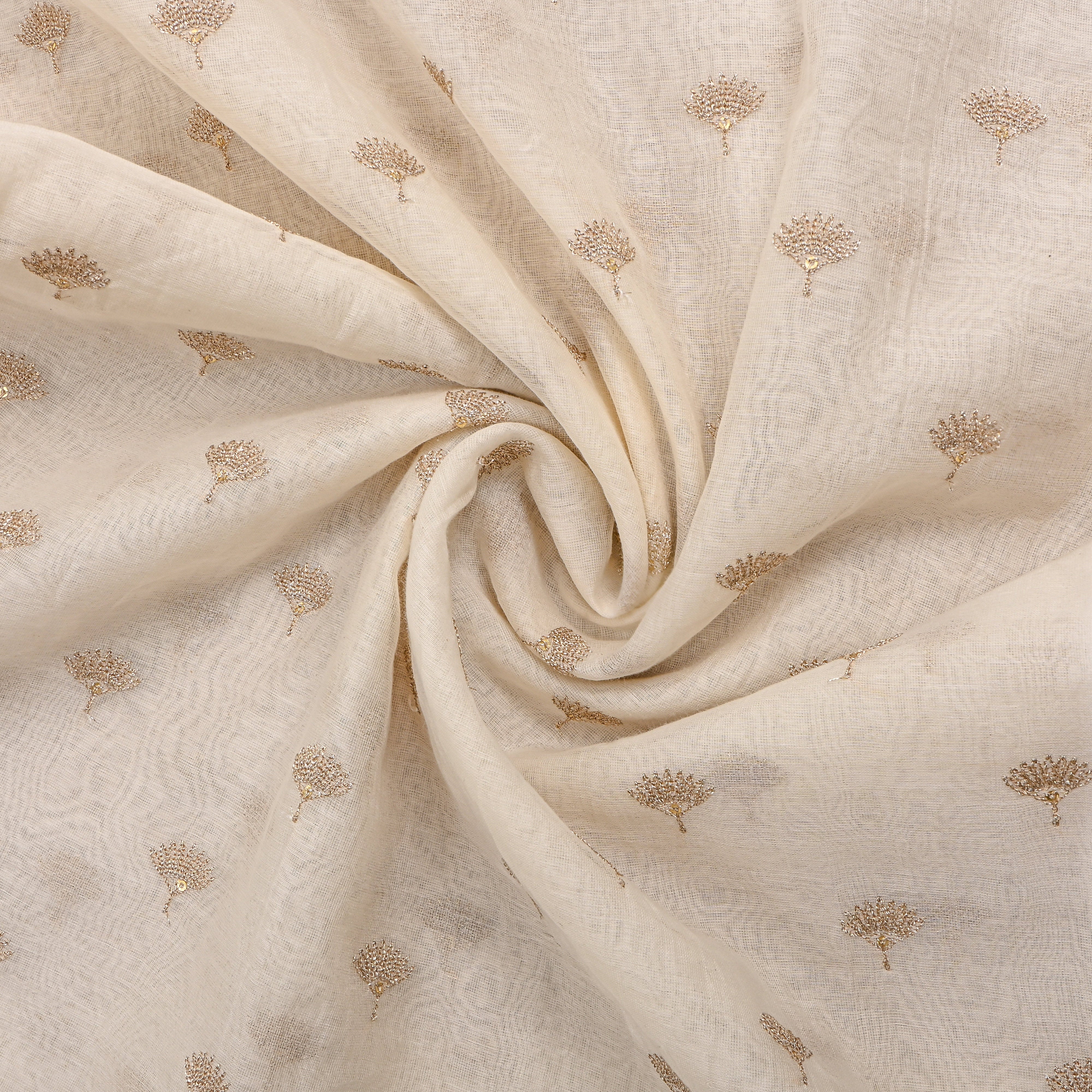 White Chanderi With Gold Butti And Thin Gold Border