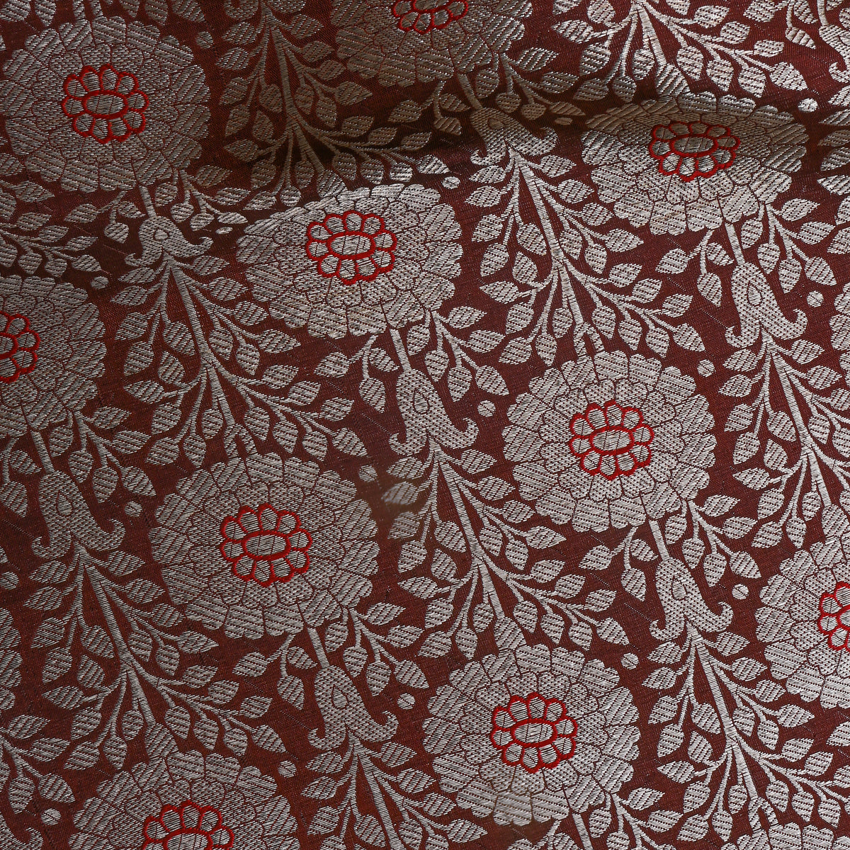 Rust Brown With Floral Silver Zari Jamawar Silk Fabric