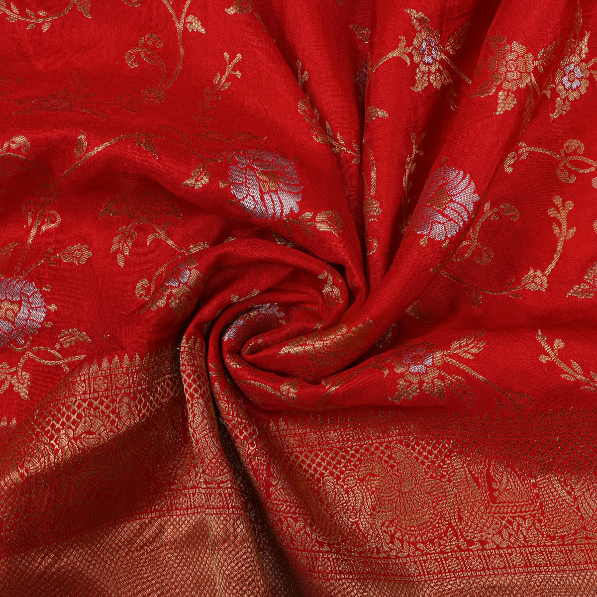 Scarlet Dual Tone Floral Jaal Jamawar Silk Fabric