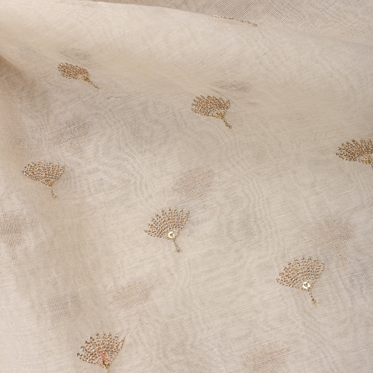 White Chanderi With Gold Butti And Thin Gold Border