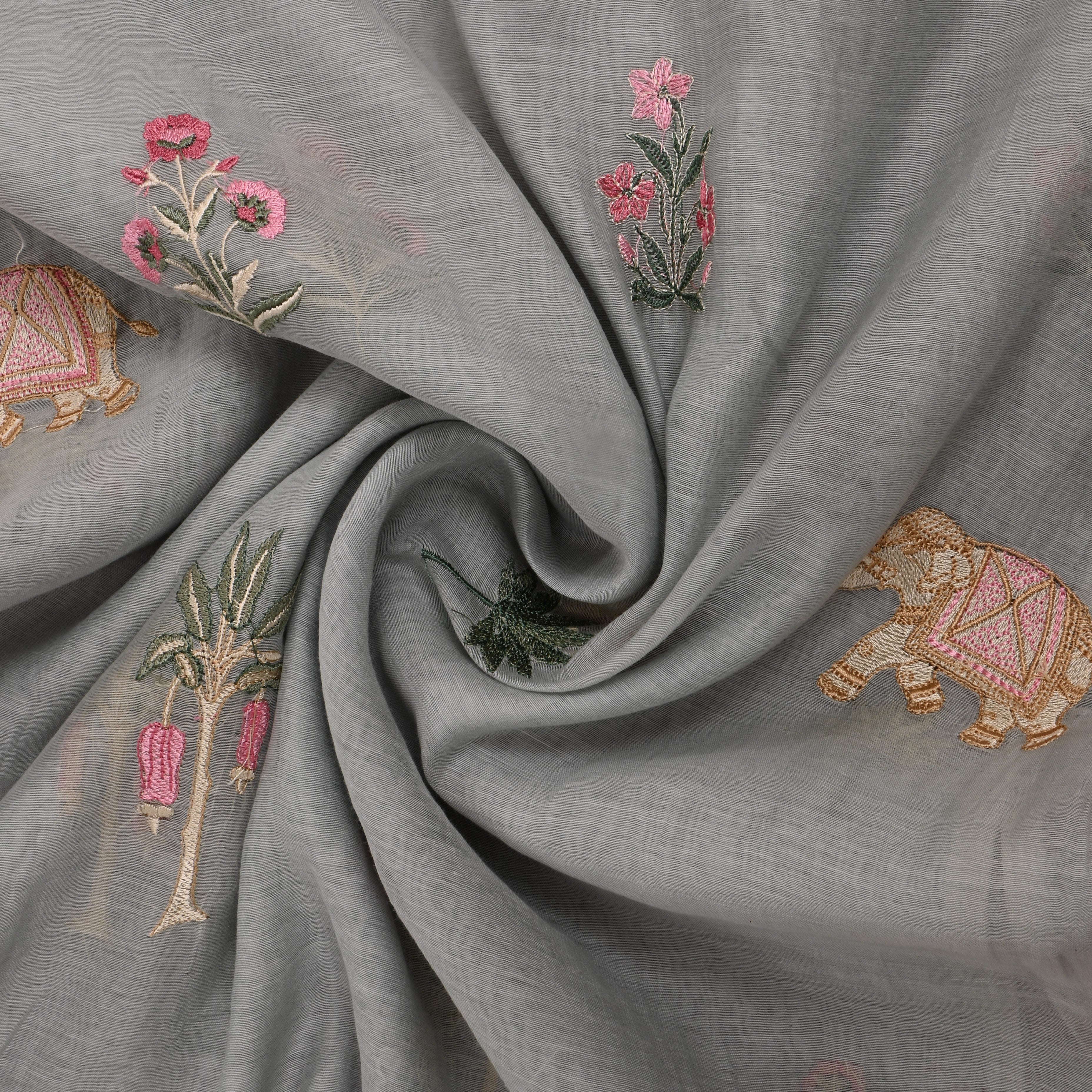Ash Grey Embroidered Chanderi Fabric