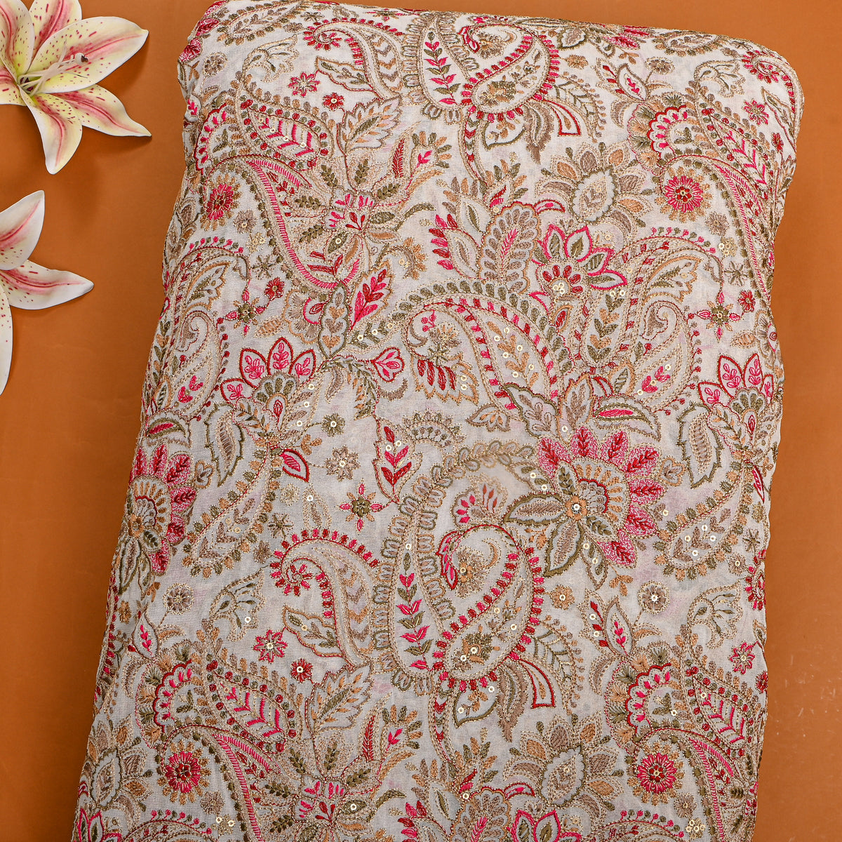 Ivory White Paisley Floral Embroidery Georgette Fabric
