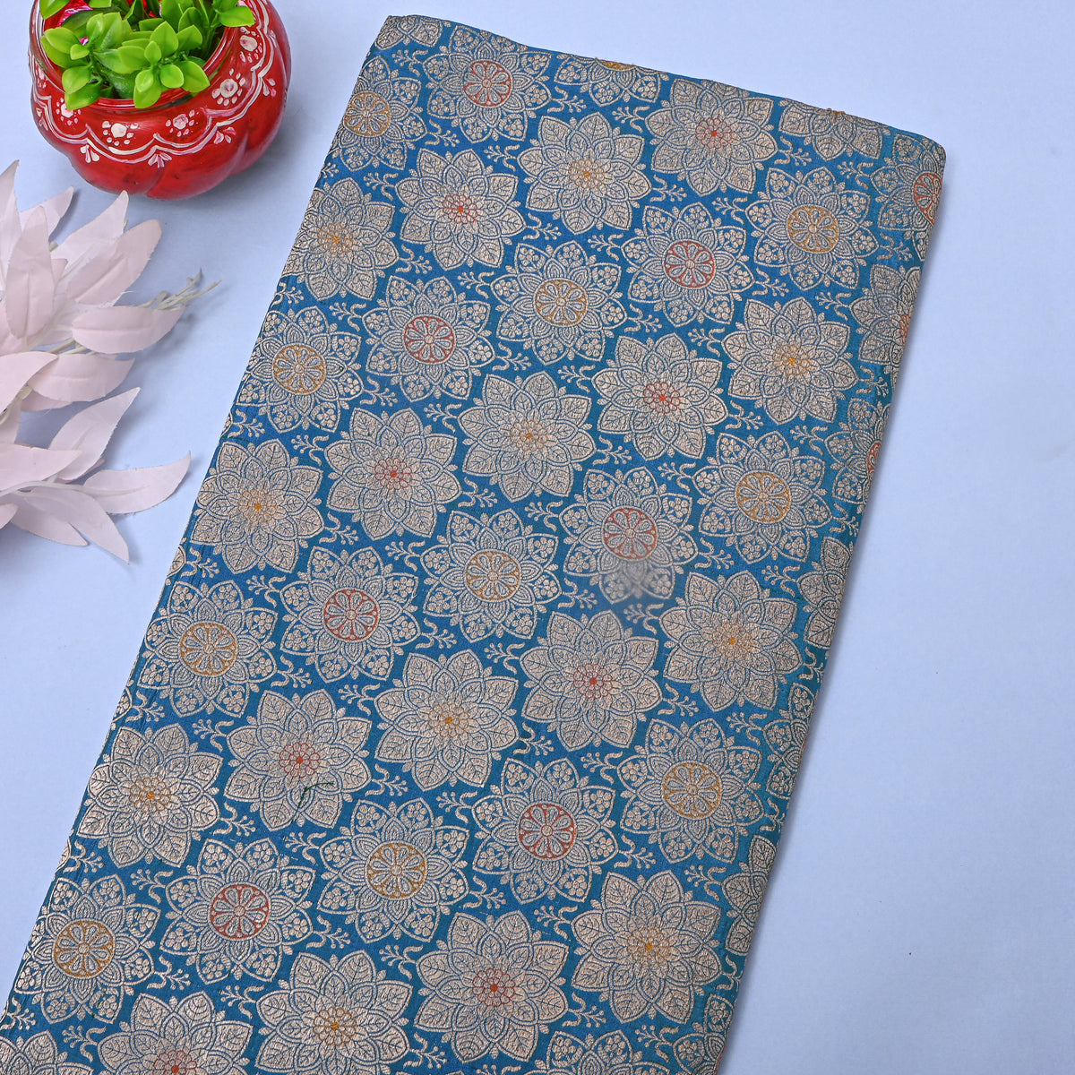 Blue Silver Floral Zari Weave Jamawar Silk Fabric
