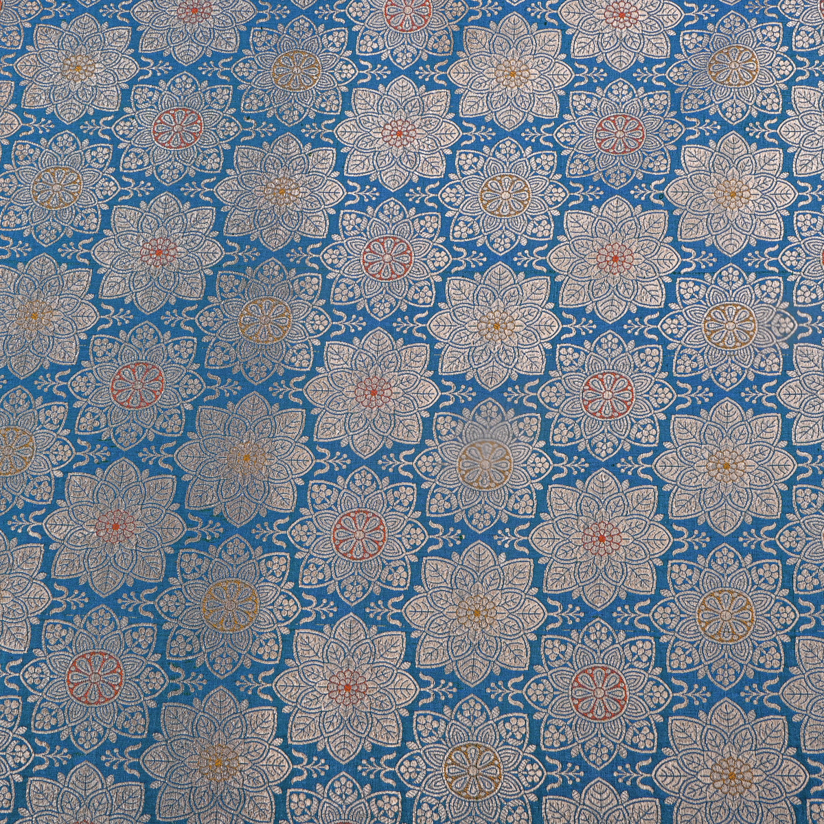 Blue Silver Floral Zari Weave Jamawar Silk Fabric
