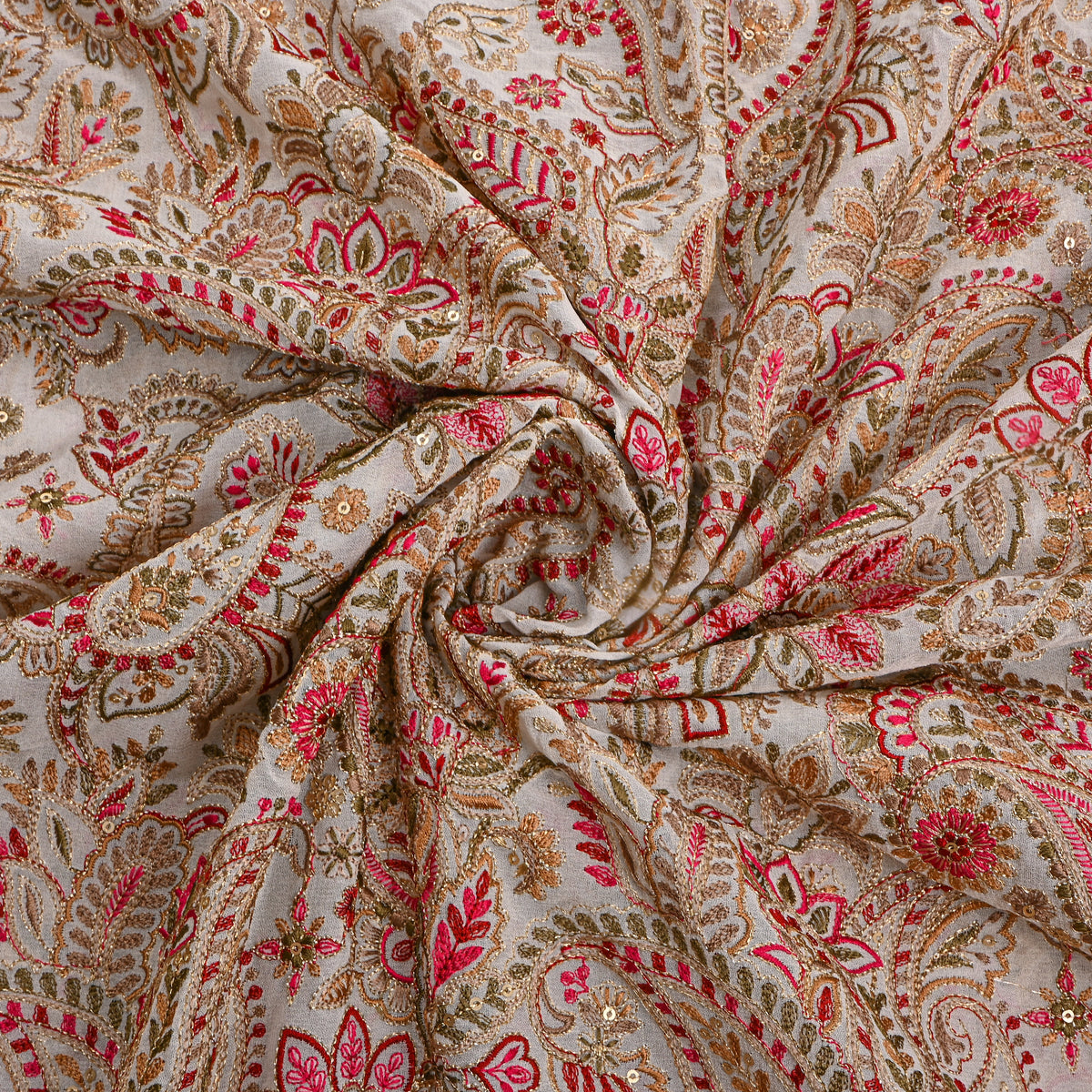 Ivory White Paisley Floral Embroidery Georgette Fabric