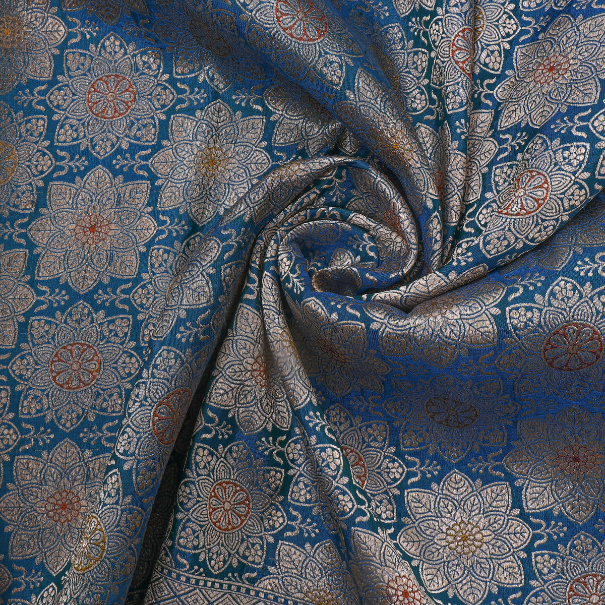 Blue Silver Floral Zari Weave Jamawar Silk Fabric