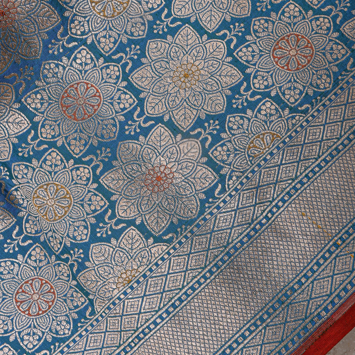 Blue Silver Floral Zari Weave Jamawar Silk Fabric