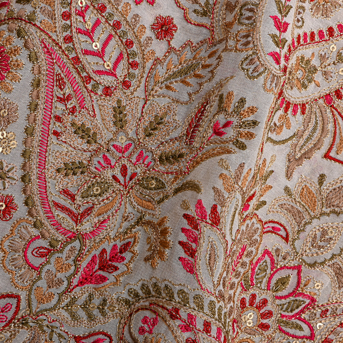 Ivory White Paisley Floral Embroidery Georgette Fabric