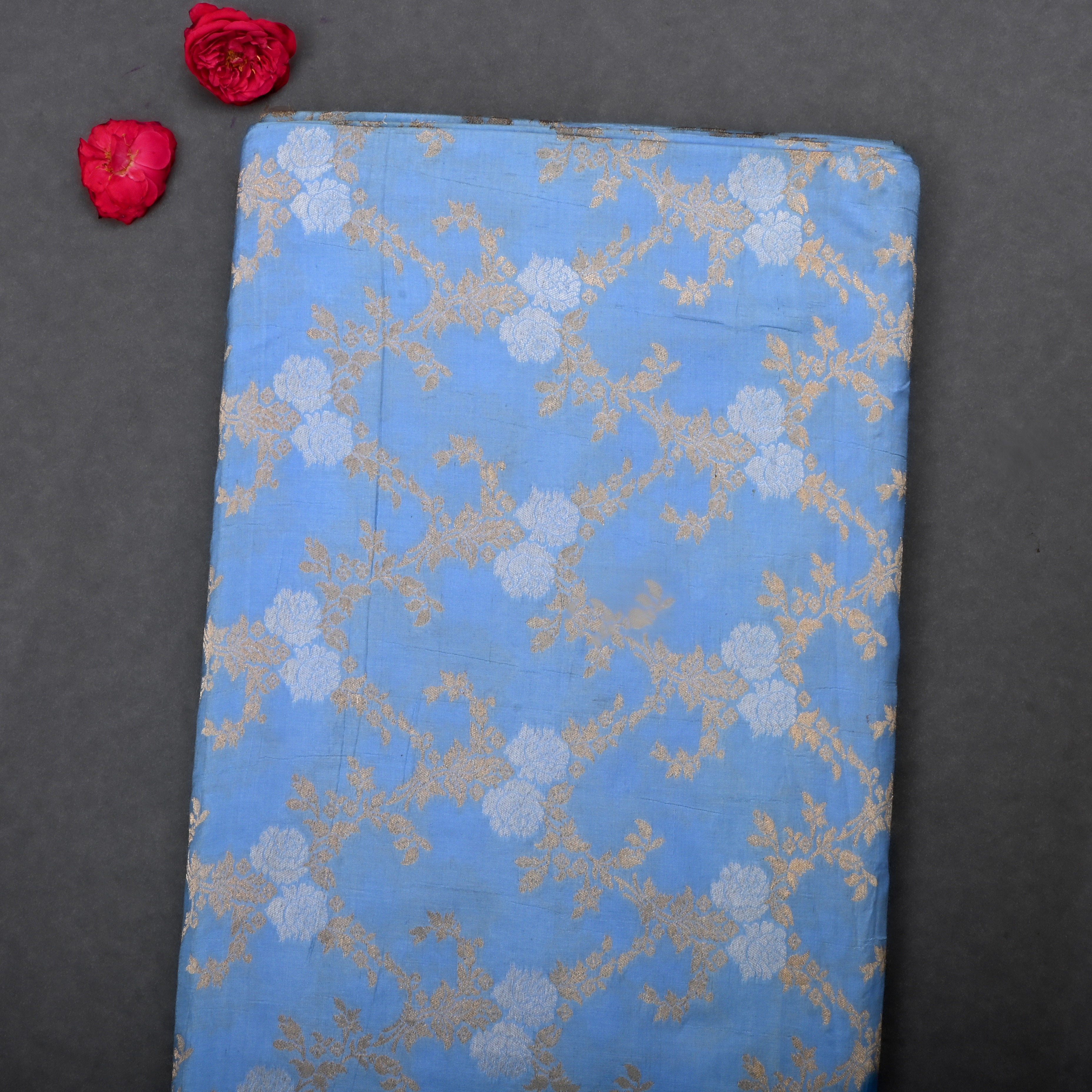 Cornflower Blue Jamawar Silk Fabric With Floral Jaal