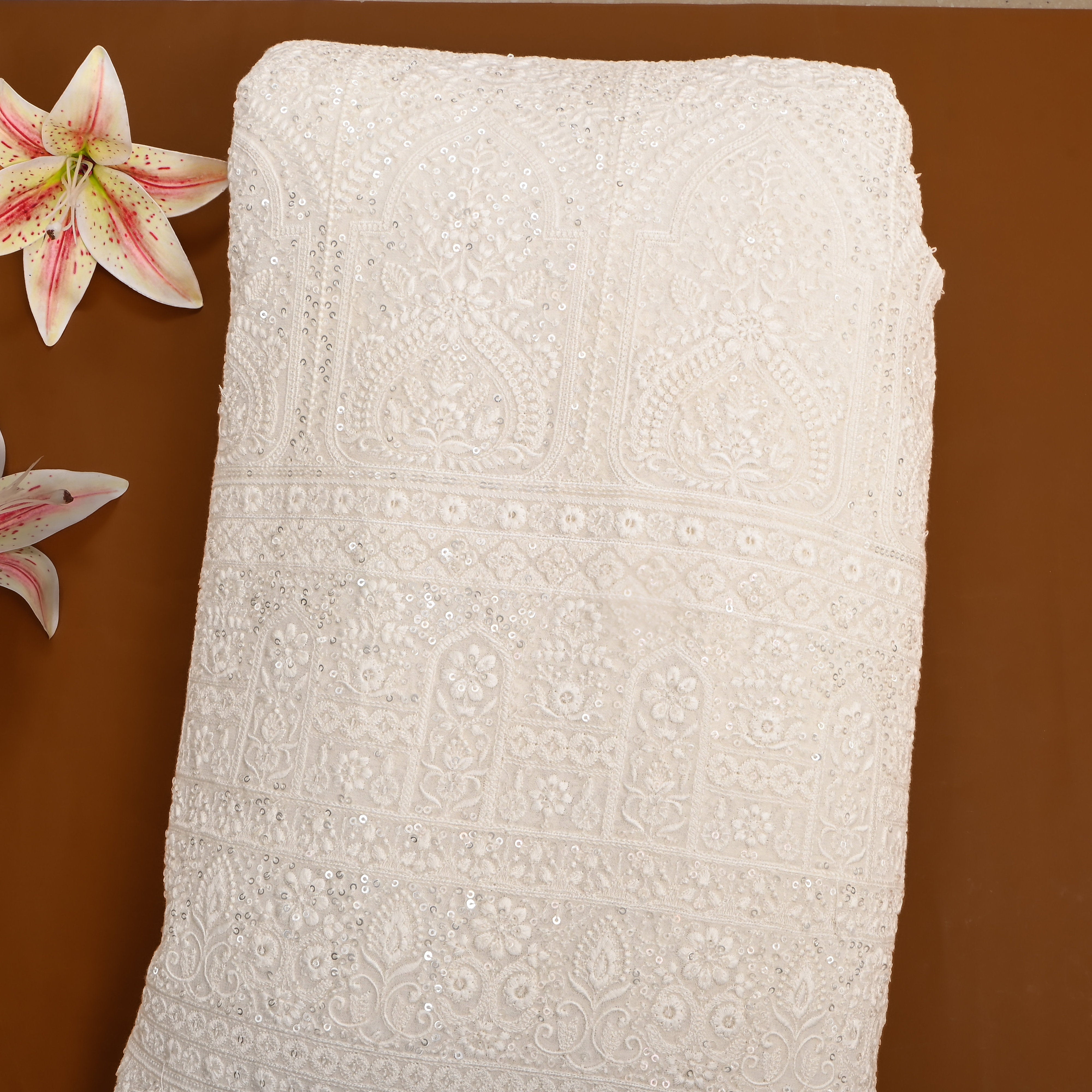 White Gold Sequin Thread Work Georgette
