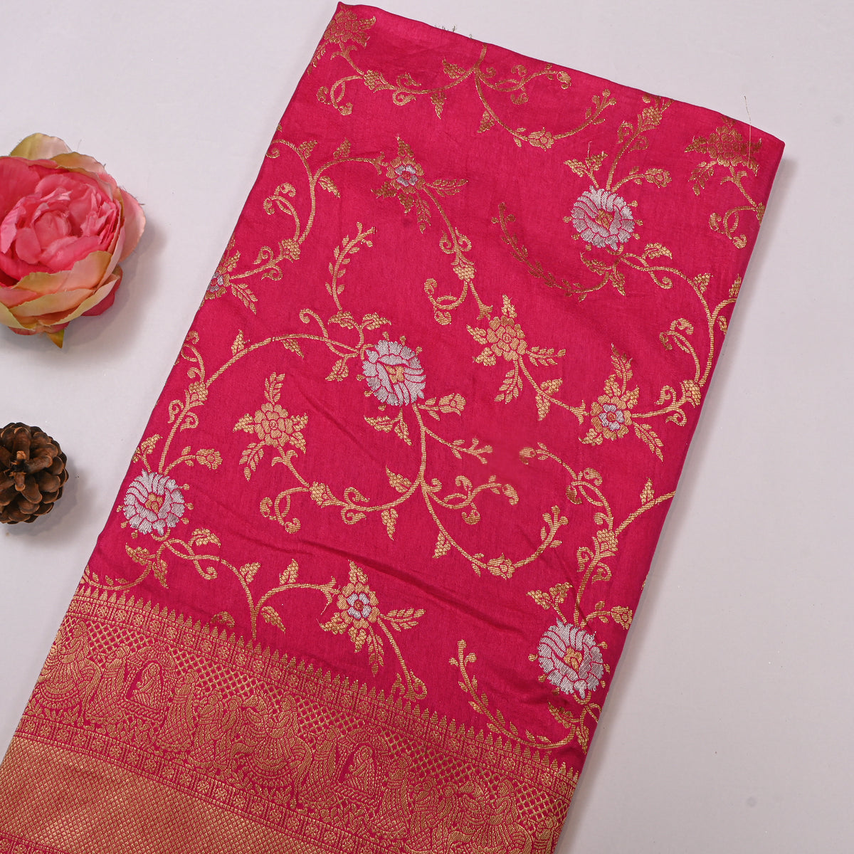 Cherry Dual Tone Floral Jaal Jamawar Silk Fabric