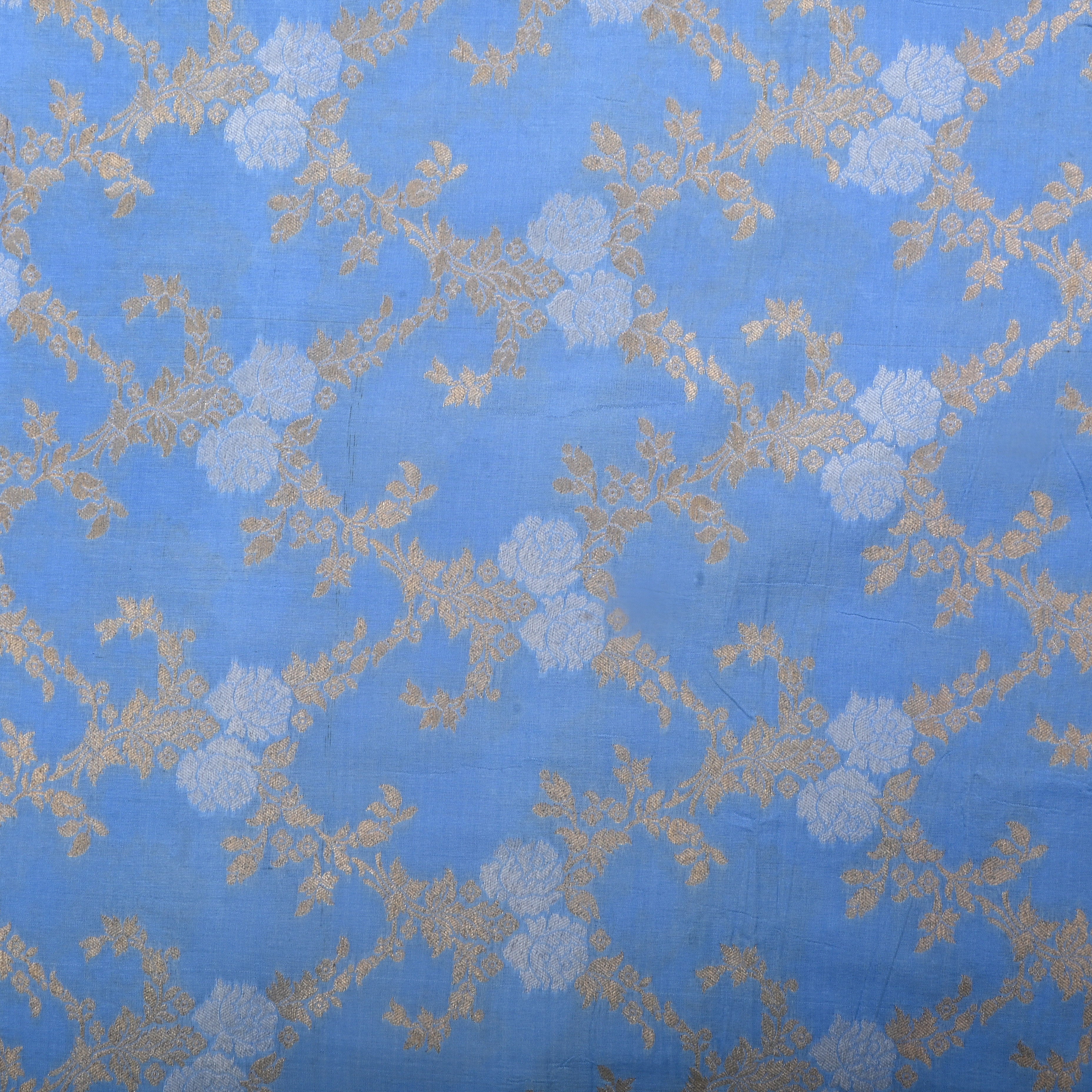 Cornflower Blue Jamawar Silk Fabric With Floral Jaal