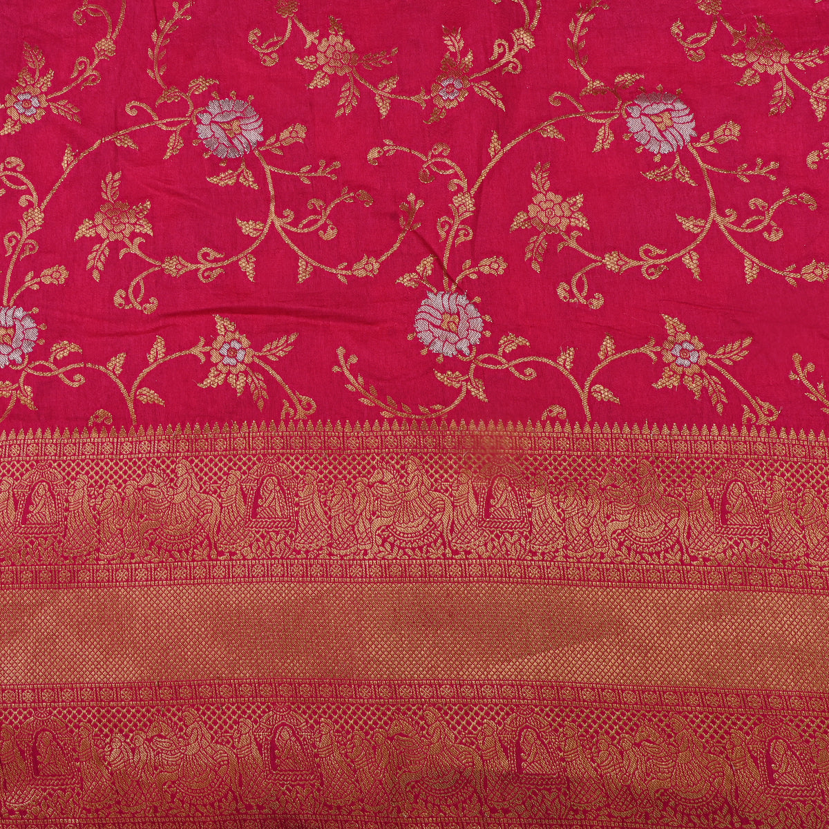 Cherry Dual Tone Floral Jaal Jamawar Silk Fabric