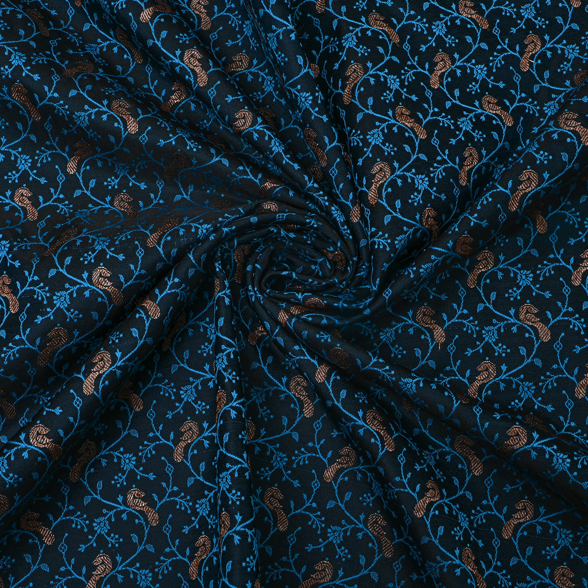 Ink Blue Orange Gold Zari Geometric Jaal Banarasi Silk Fabric