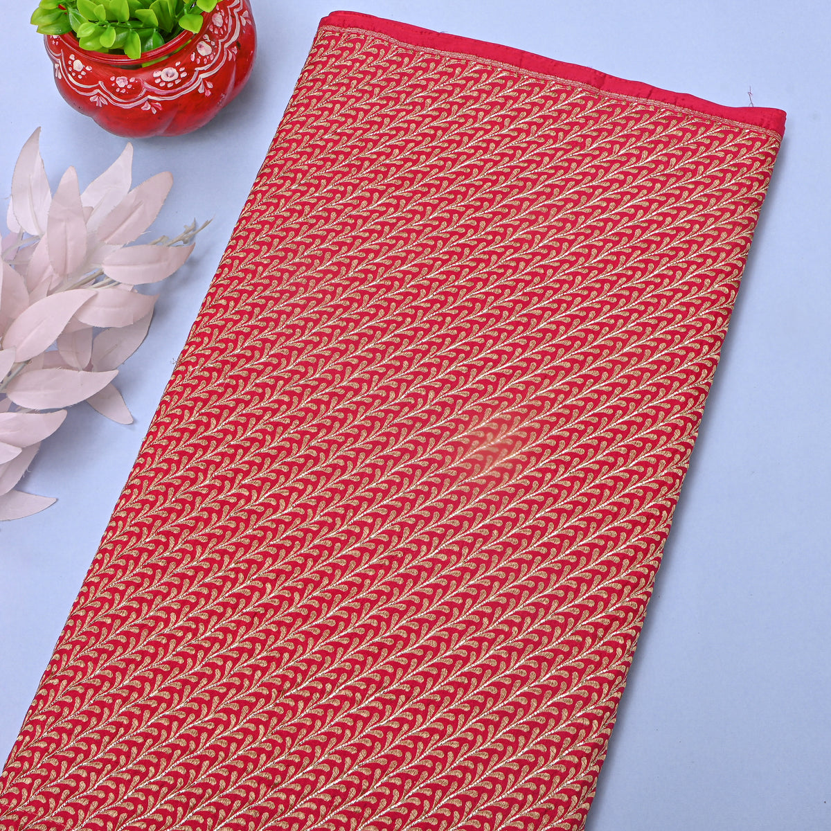 Crimson Red Gold Zari Stripe Self Weave Jamawar Silk Fabric