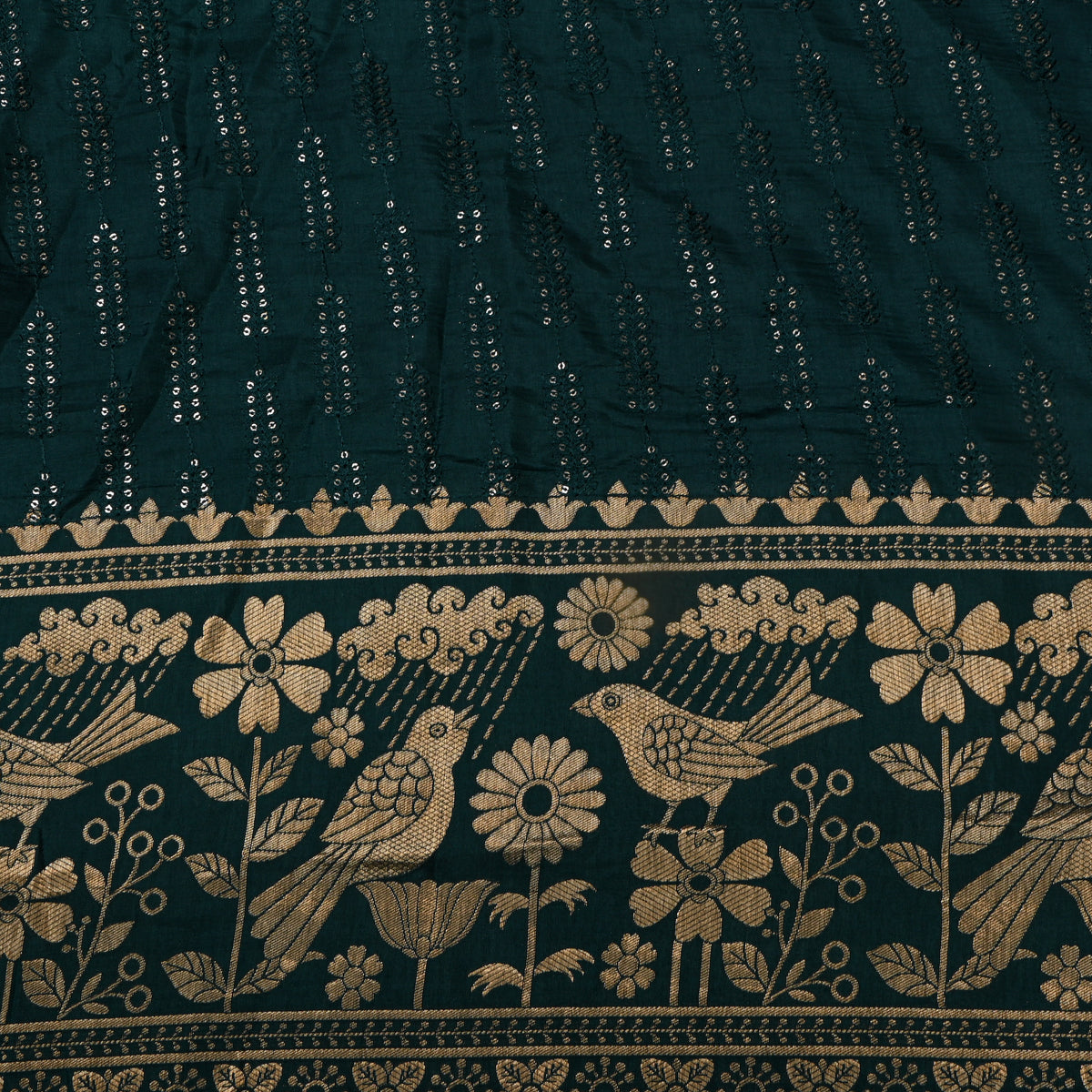Bottle Green Sequin Leaf Stripe Embroidery Silk Fabric