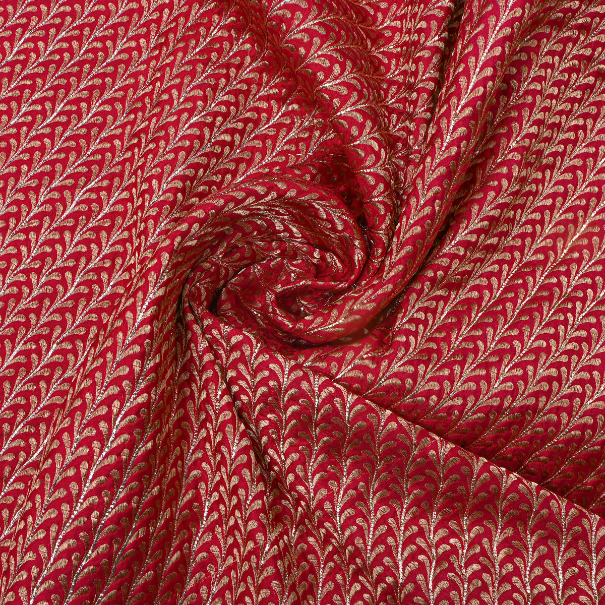 Crimson Red Gold Zari Stripe Self Weave Jamawar Silk Fabric