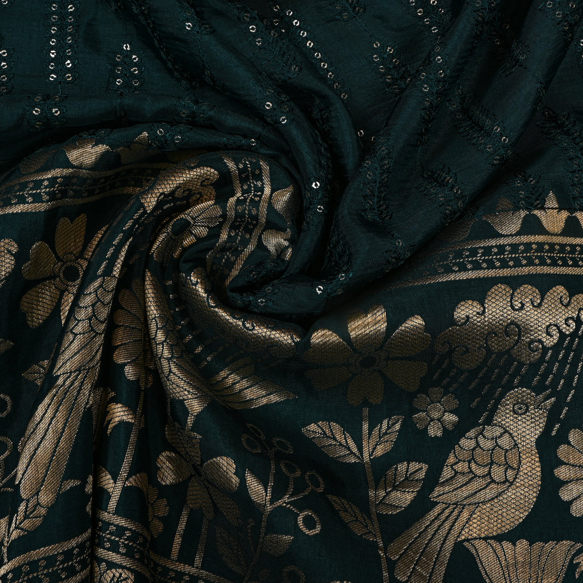 Bottle Green Sequin Leaf Stripe Embroidery Silk Fabric