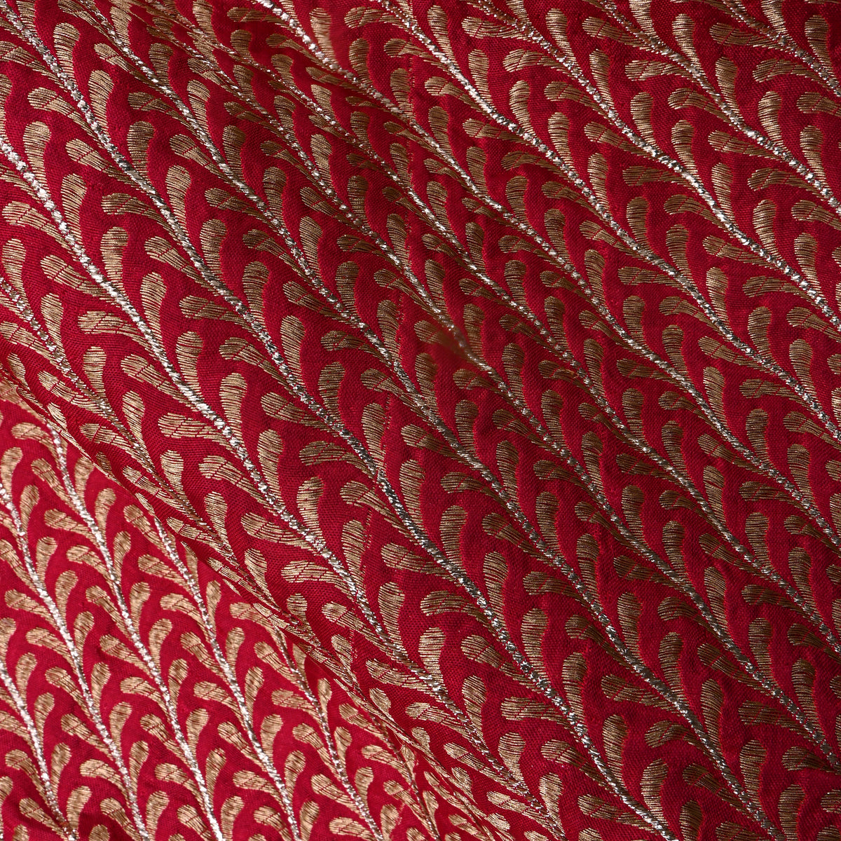 Crimson Red Gold Zari Stripe Self Weave Jamawar Silk Fabric