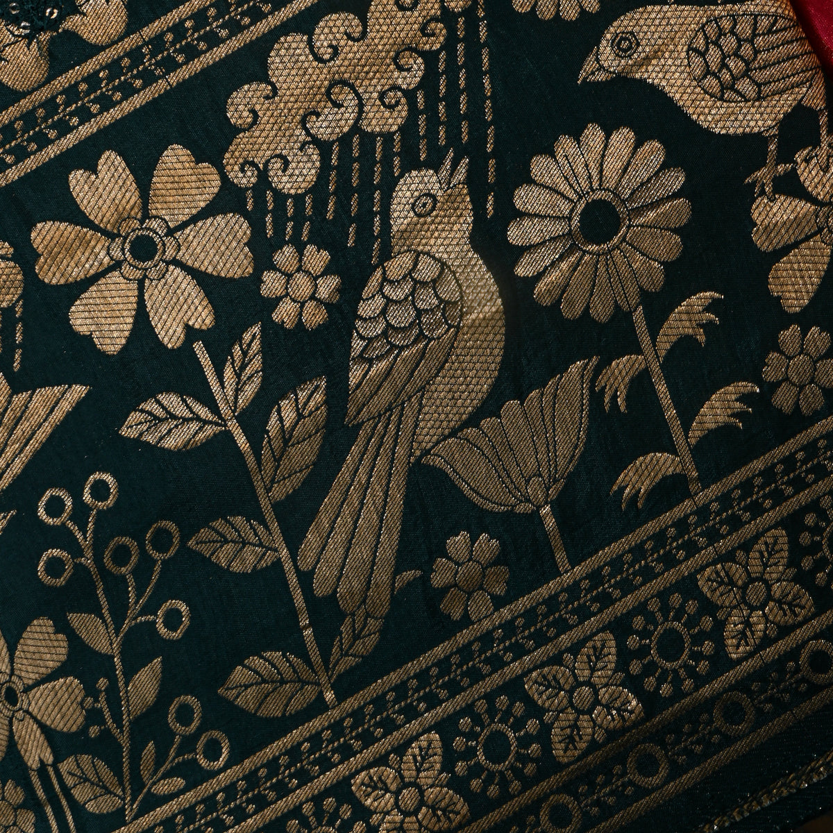 Bottle Green Sequin Leaf Stripe Embroidery Silk Fabric