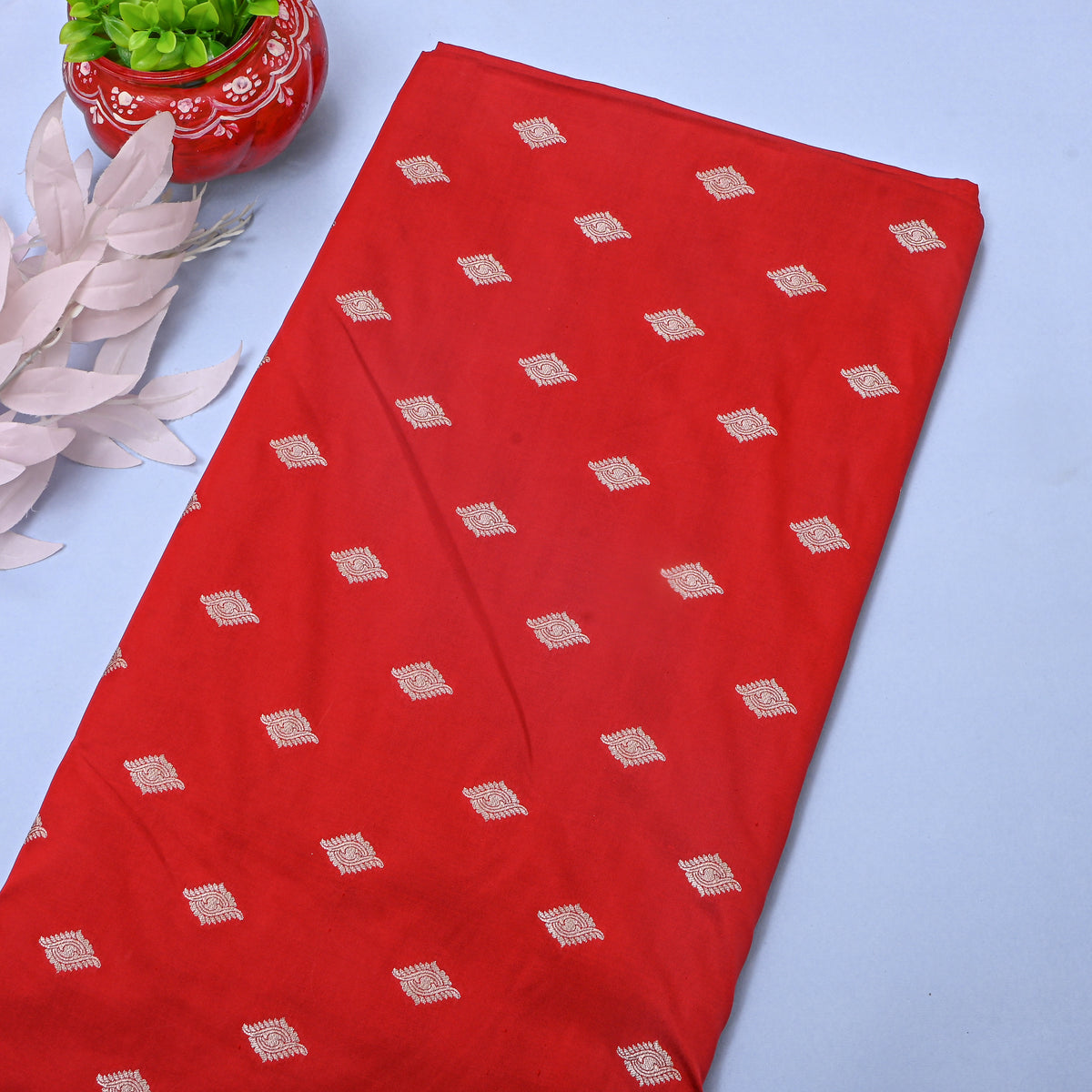 Cherry Red Silver Butti Self Weave Banarasi Silk Fabric