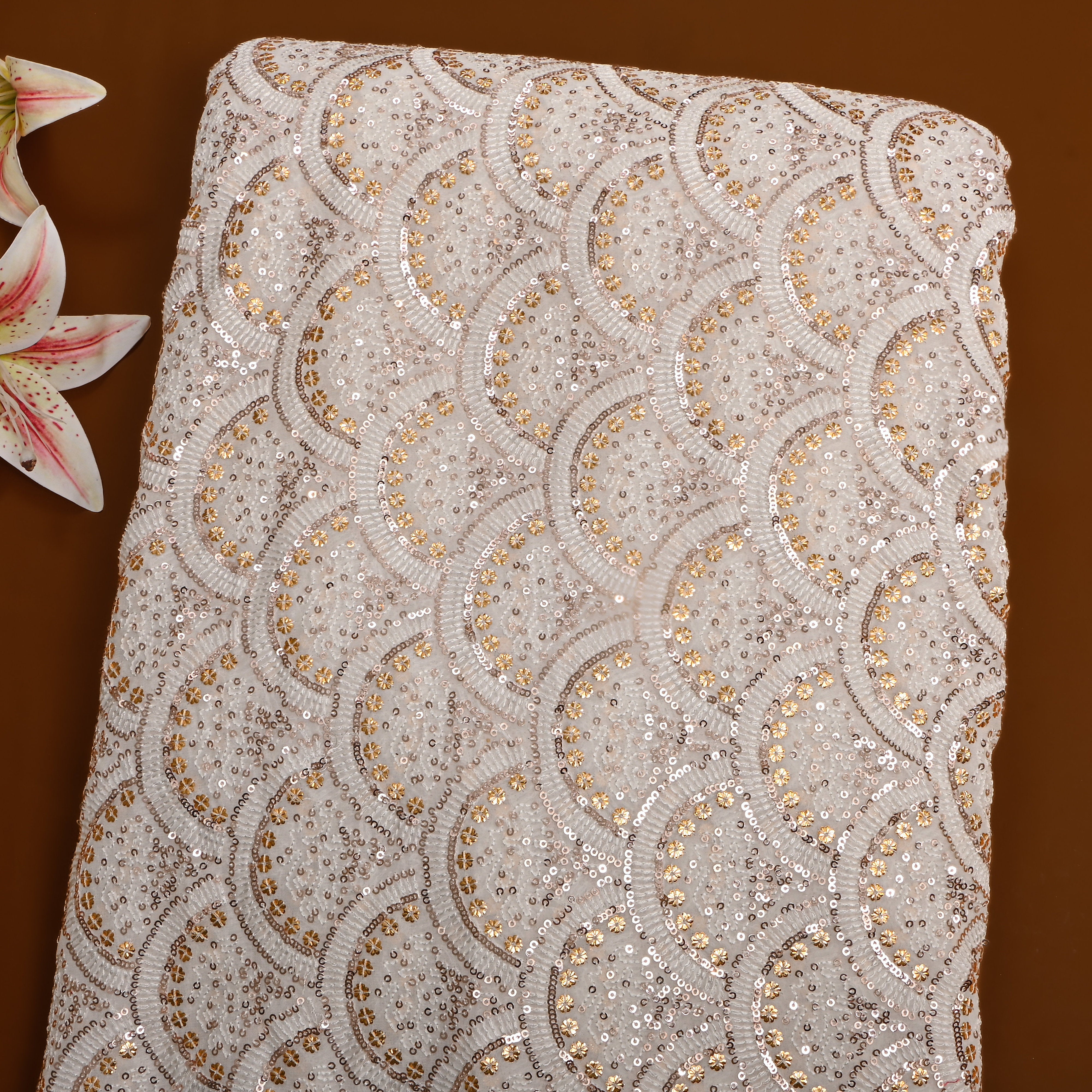 White With Gold Embroidery Georgette Fabric