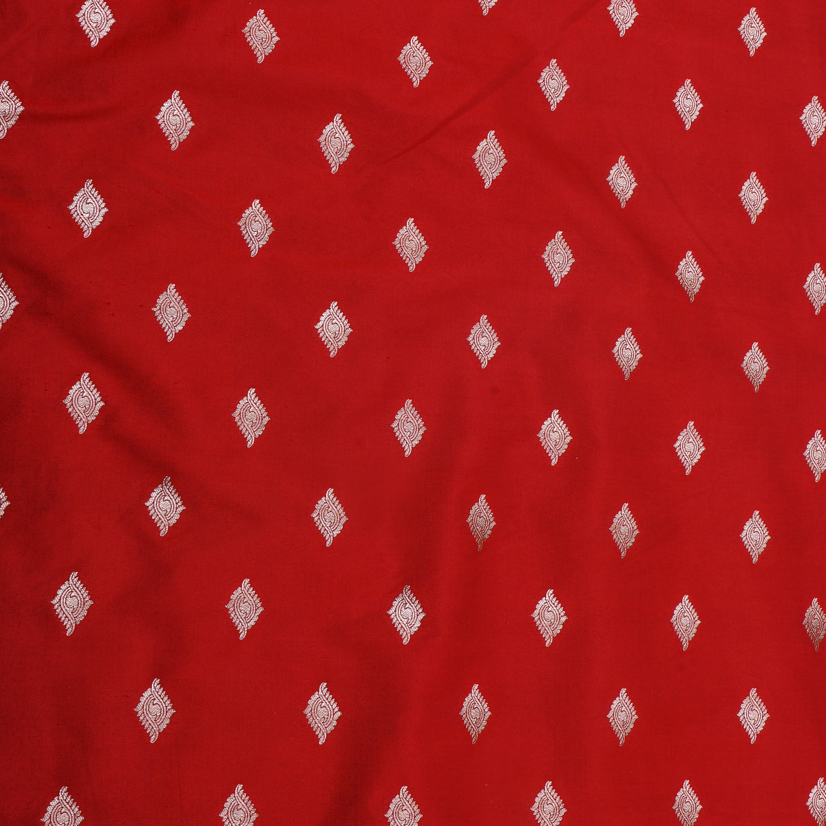 Cherry Red Silver Butti Self Weave Banarasi Silk Fabric