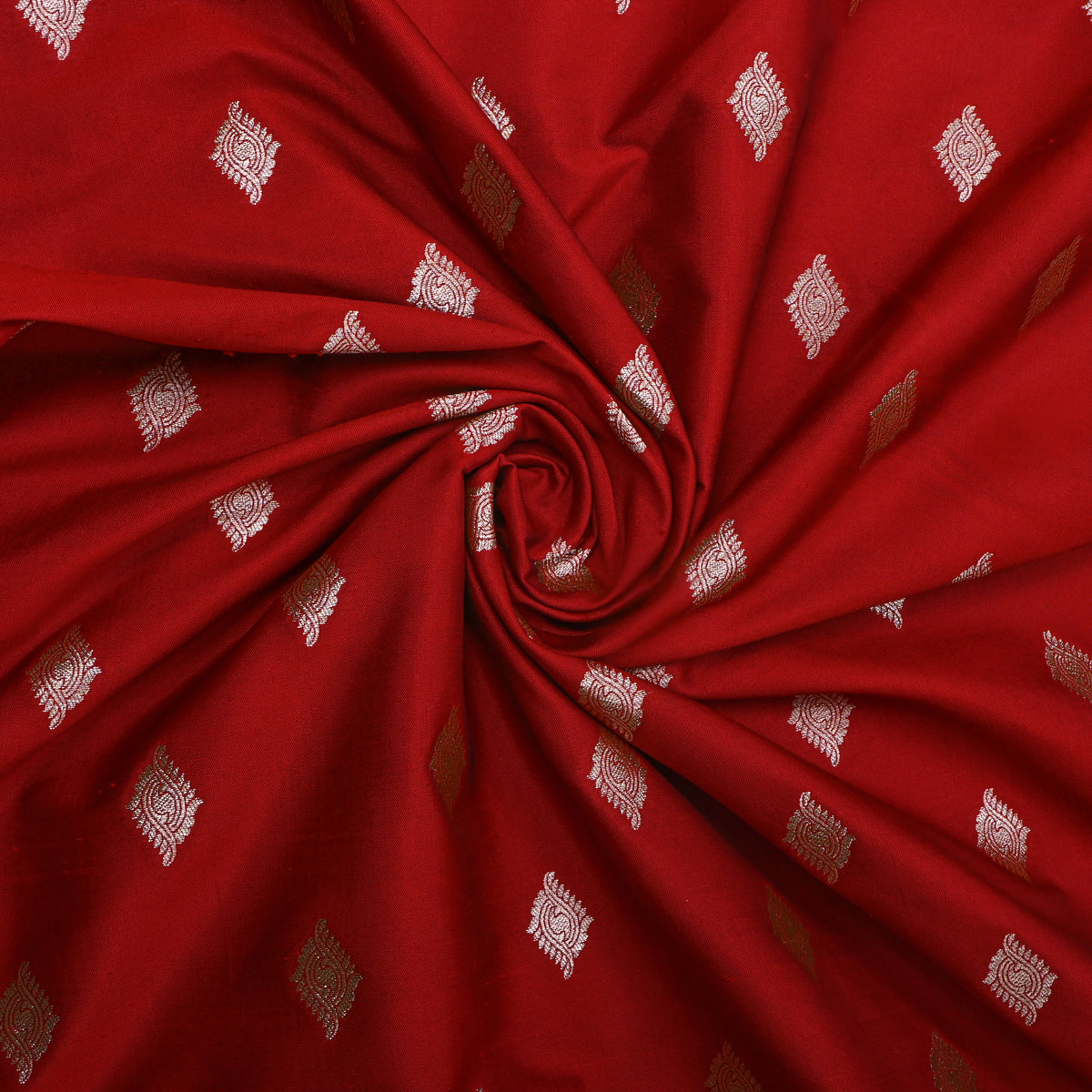 Cherry Red Silver Butti Self Weave Banarasi Silk Fabric