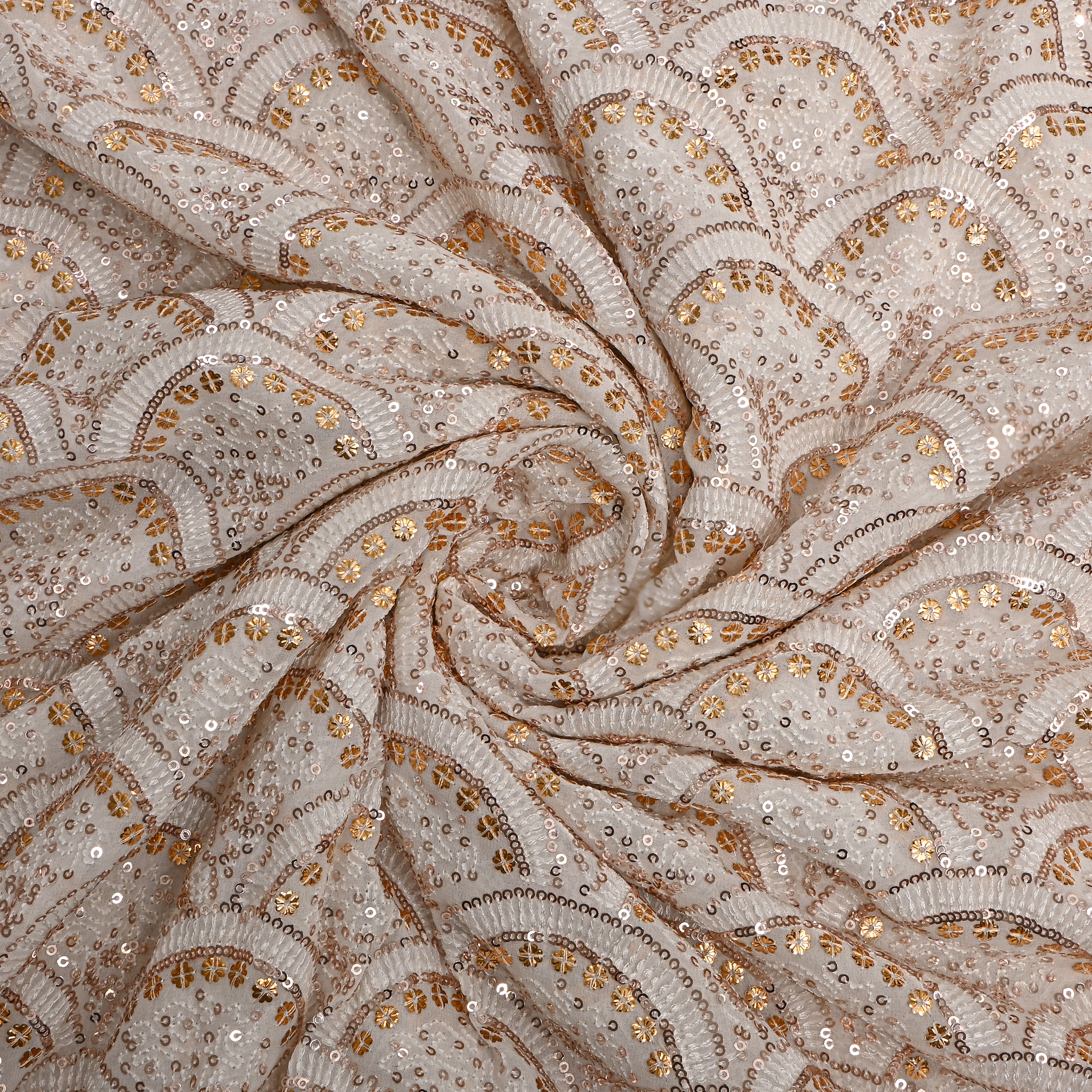 White With Gold Embroidery Georgette Fabric
