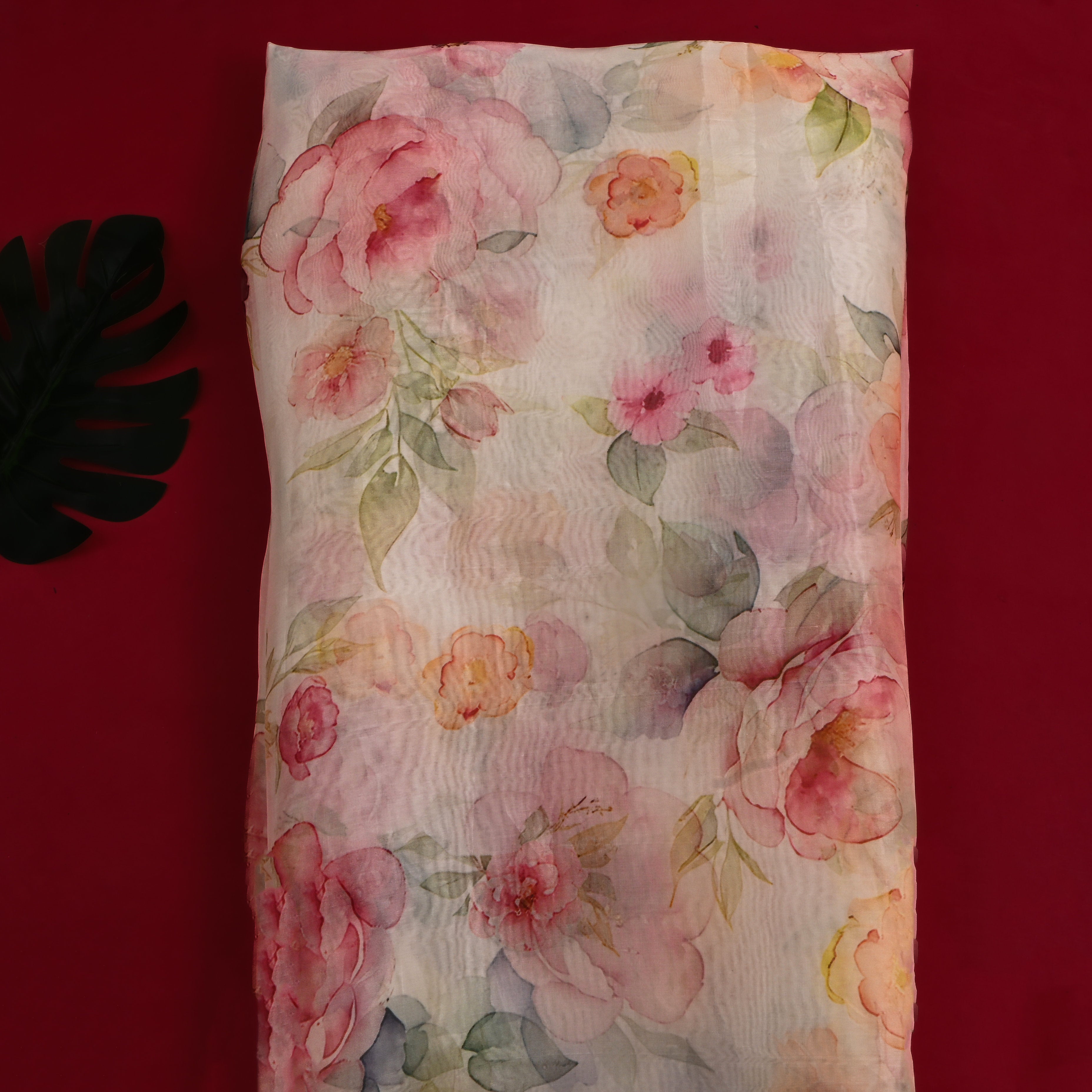 White Multicolour Floral Printed Organza Fabric