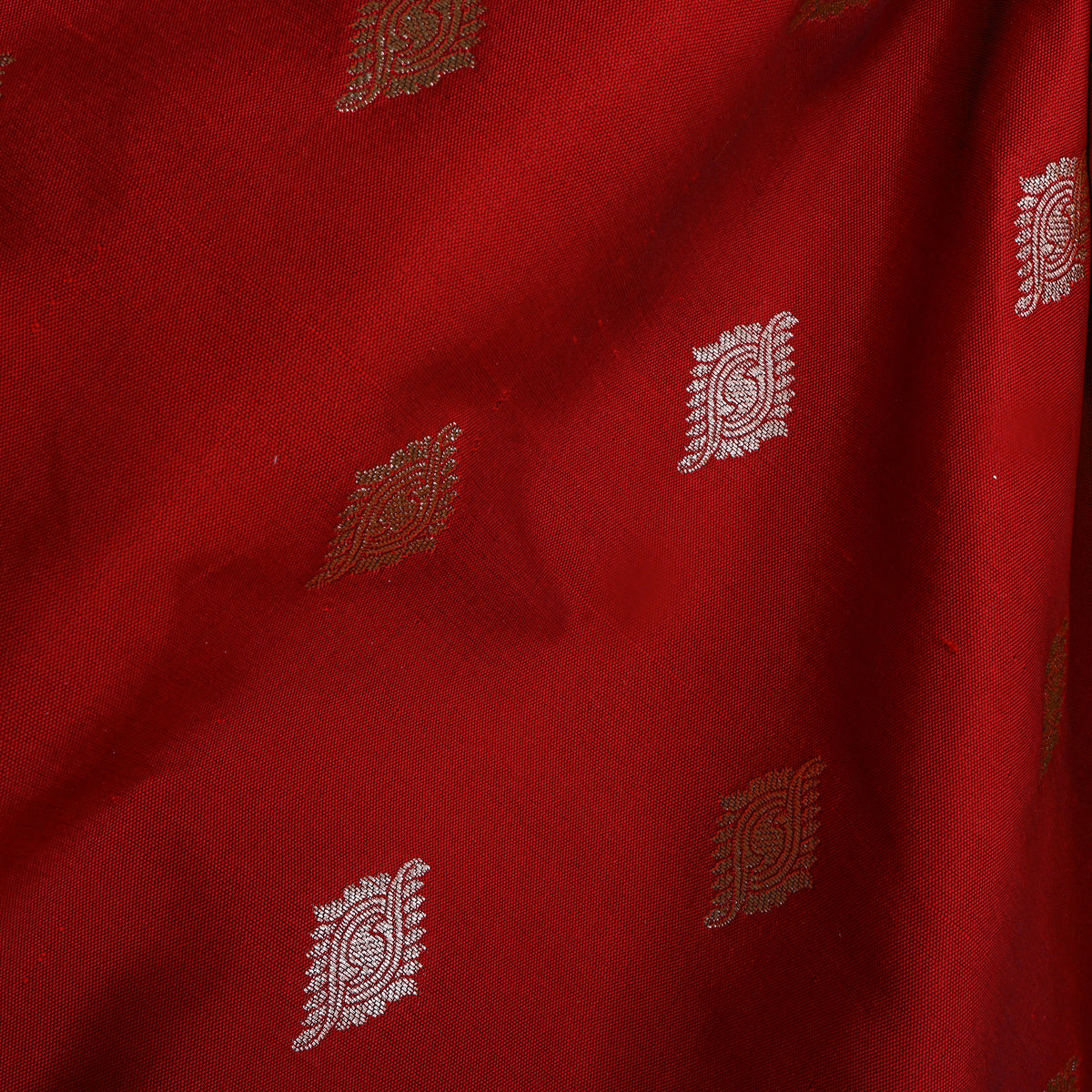 Cherry Red Silver Butti Self Weave Banarasi Silk Fabric