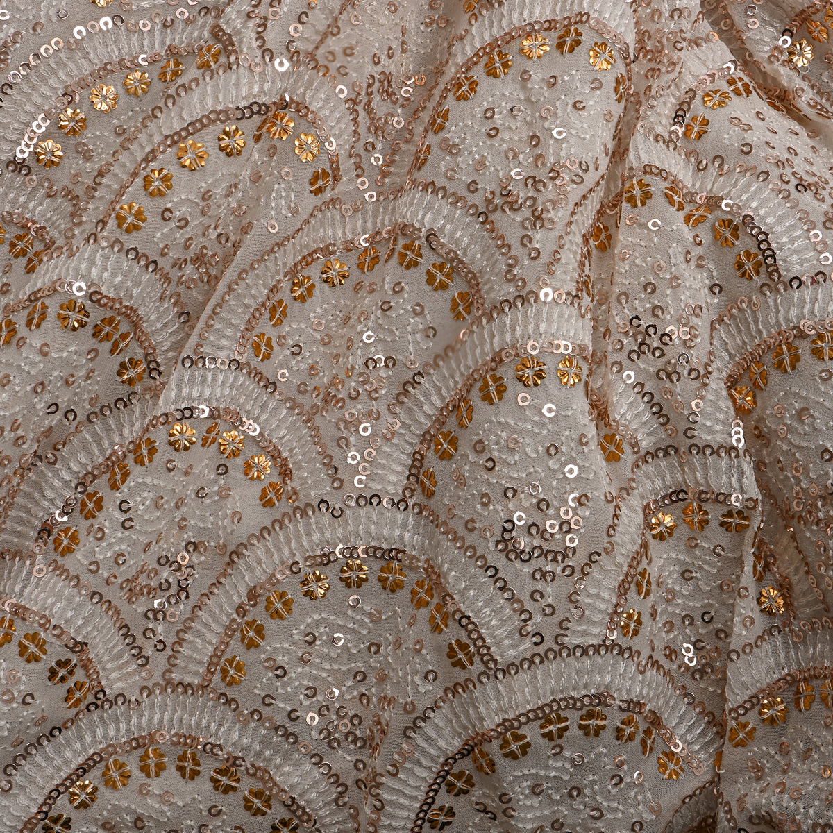 White With Gold Embroidery Georgette Fabric
