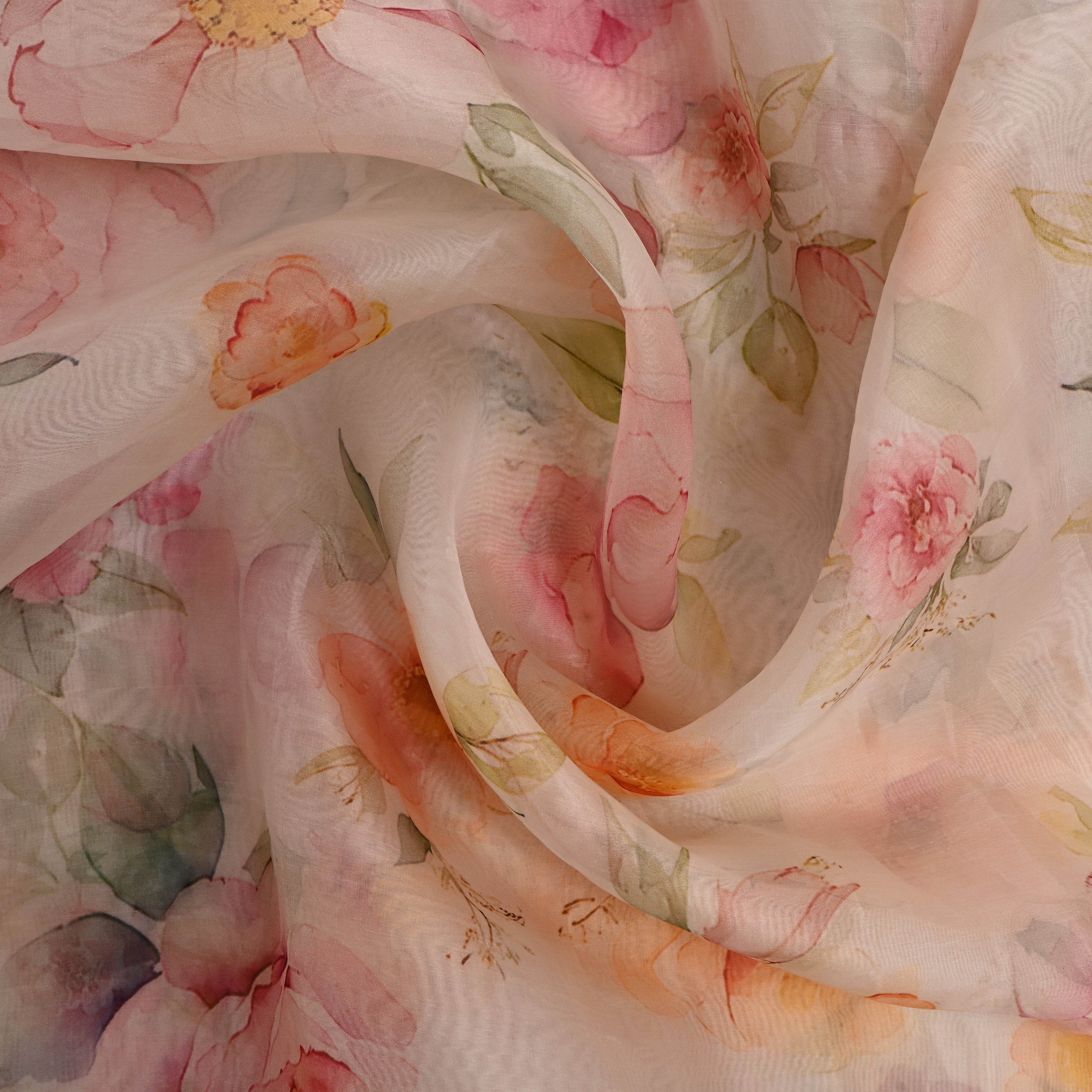 White Multicolour Floral Printed Organza Fabric