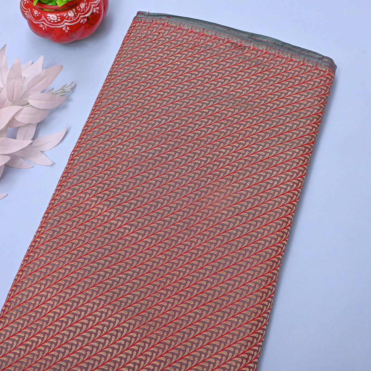 Oxblood Gold Stripe Self Weave Jamawar Silk Fabric