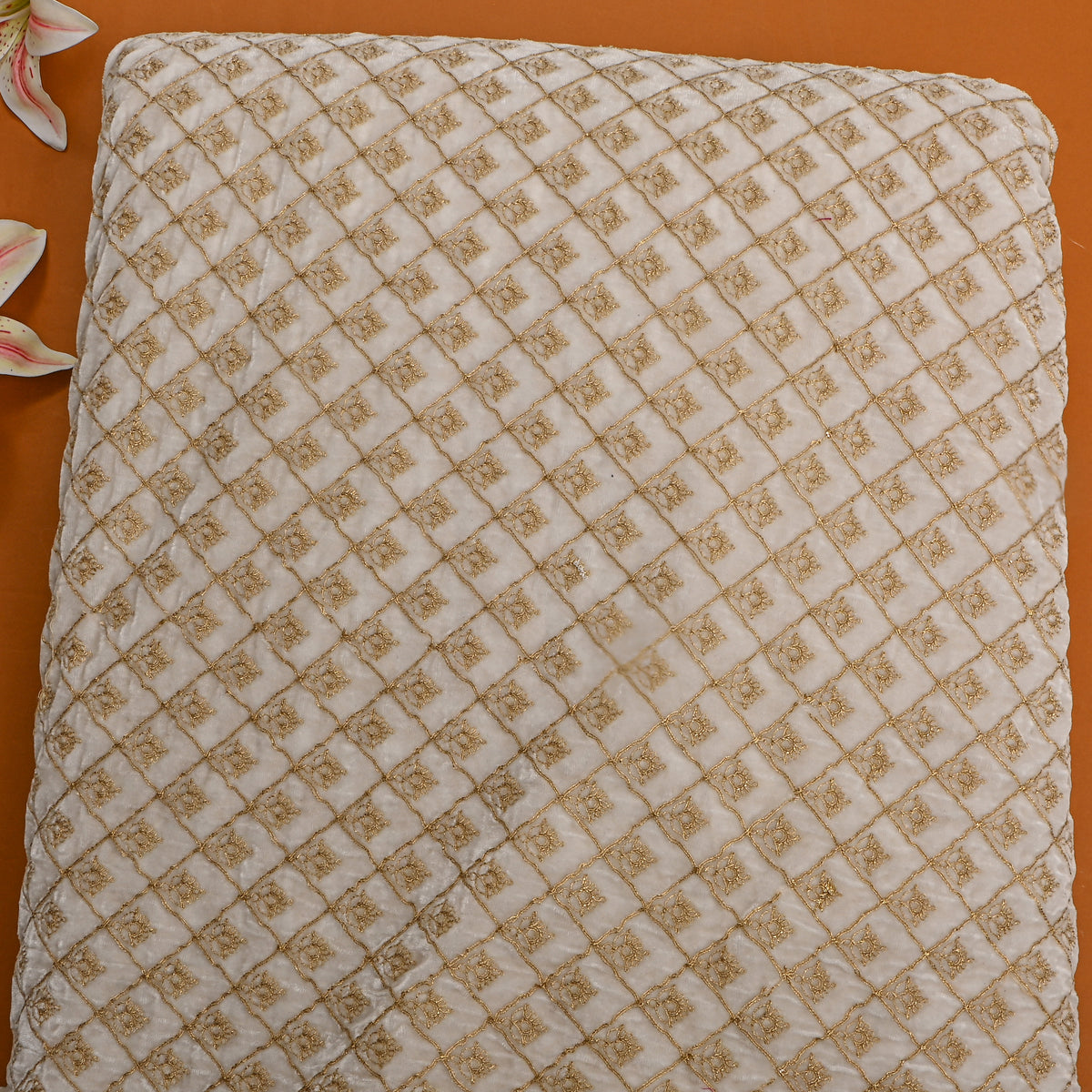 White Gold Checks Embroidery Velvet Fabric