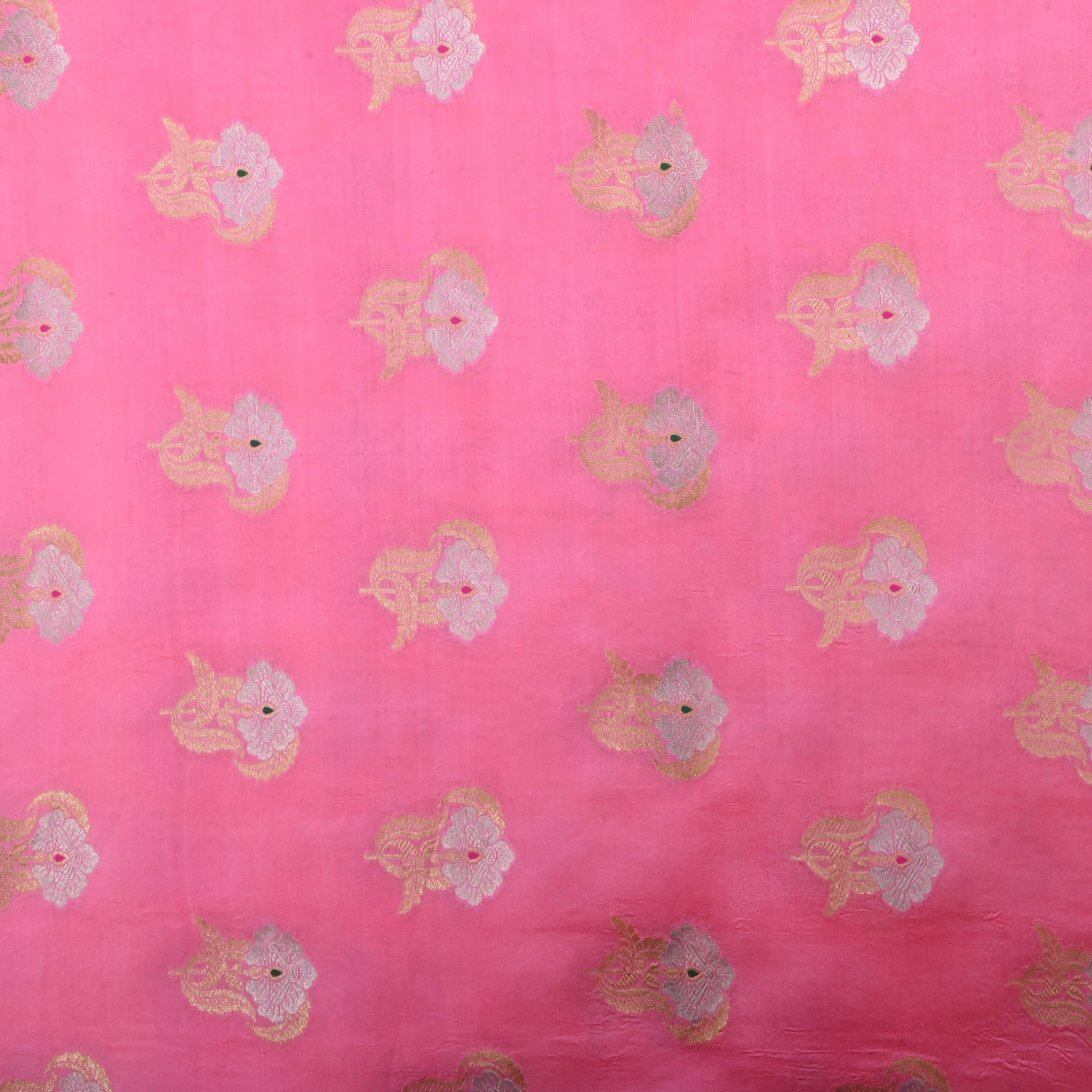 Taffy Pink Jamawar Silk Fabric With Floral Butti'S